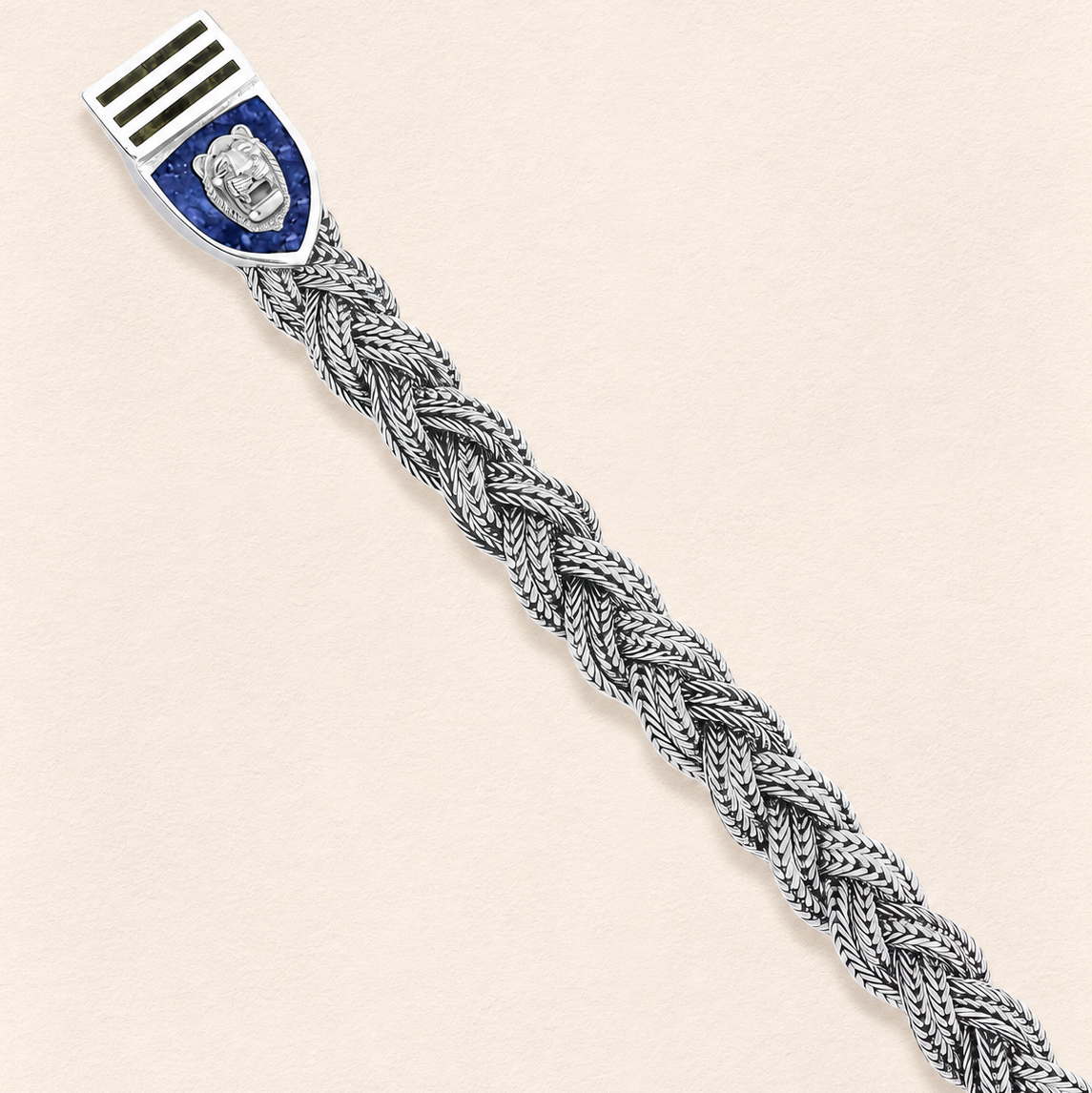 Assyrian Lion Lapis&Azurite Braided Bracelet Silver