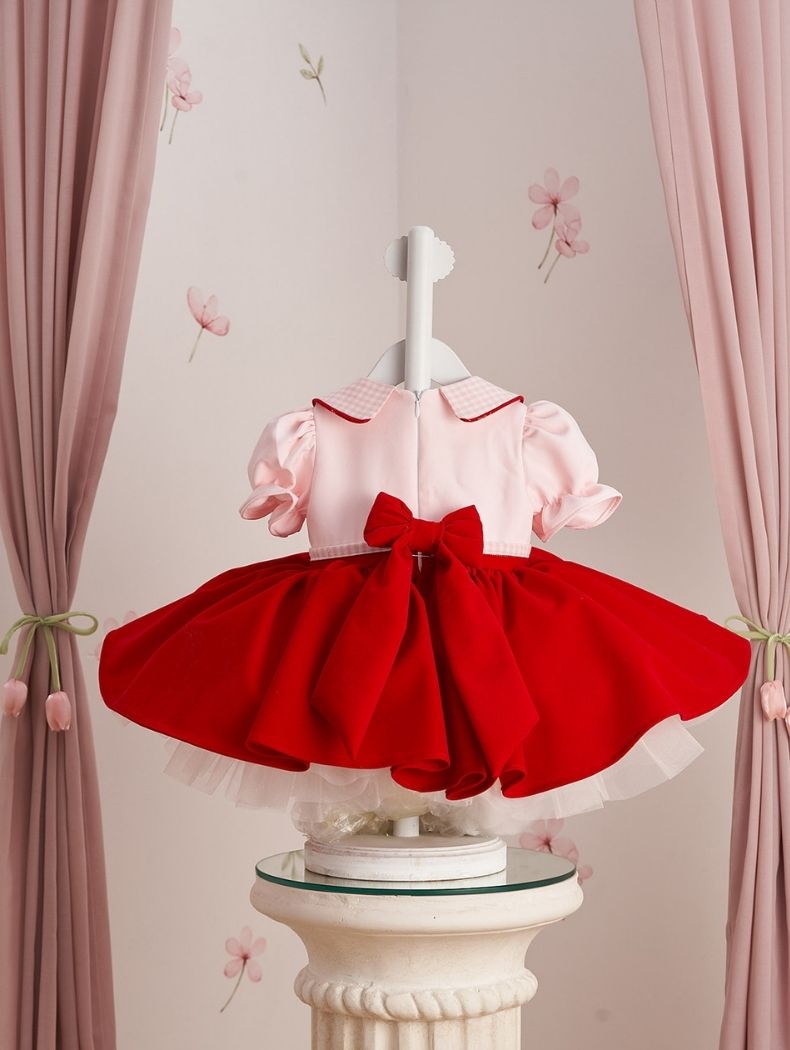 Pink Plaid Collar Cherry Embroidered Special Occasion Dress
