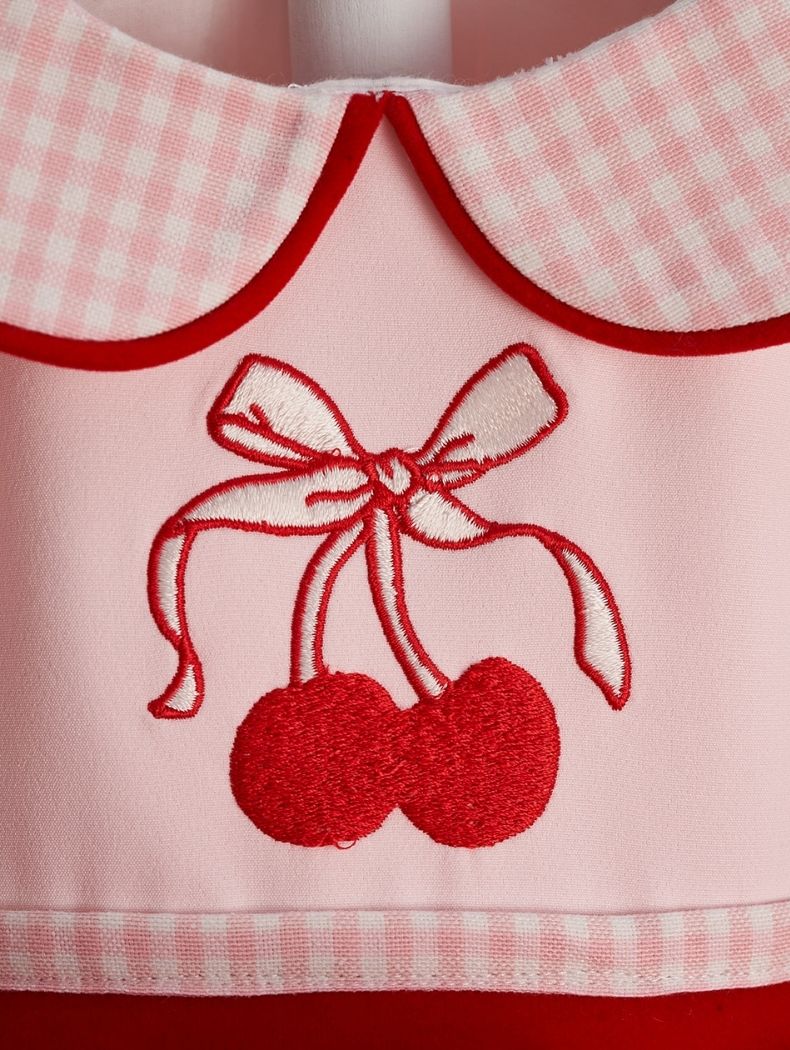 Pink Plaid Collar Cherry Embroidered Special Occasion Dress