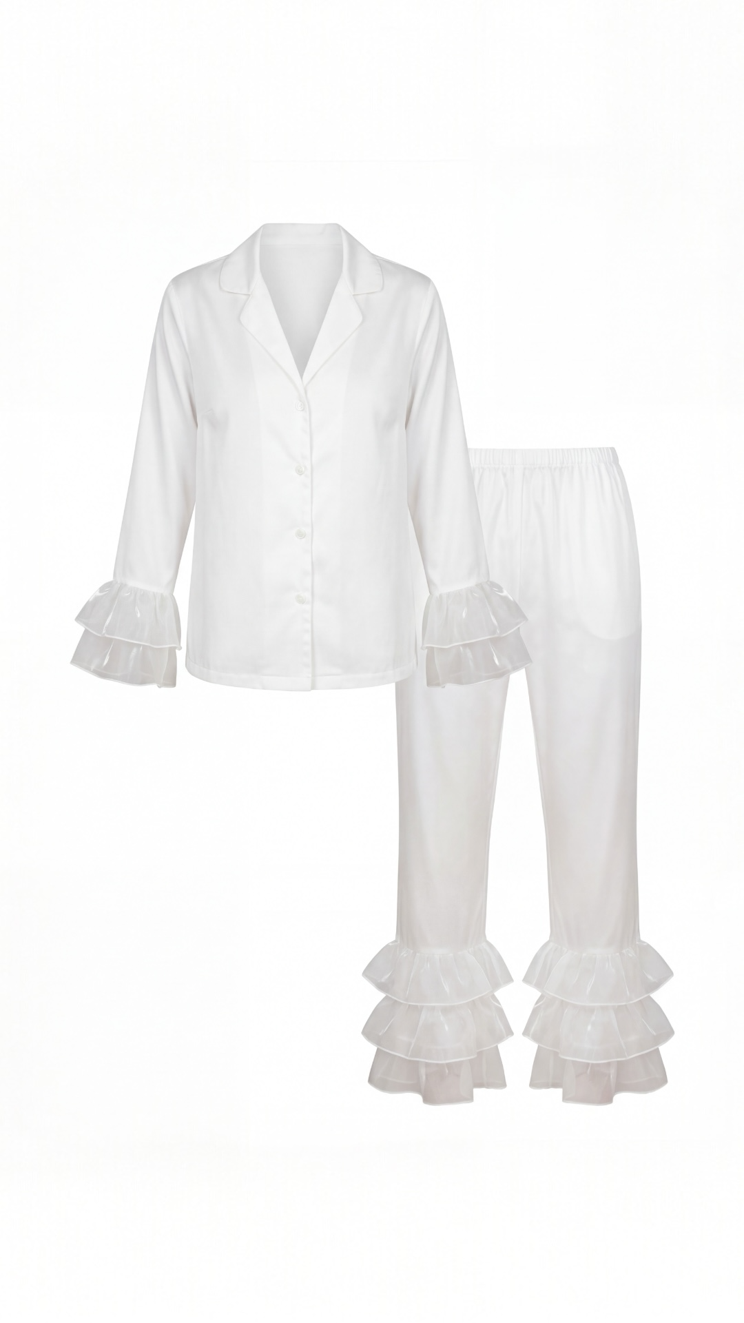 Lunaria Pajama Set With Organza Frill Detail - White