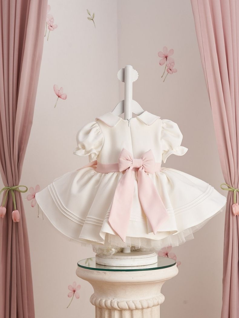 Powder Pink Detail Double Bow & Peter Pan Collar Embroidered Dress