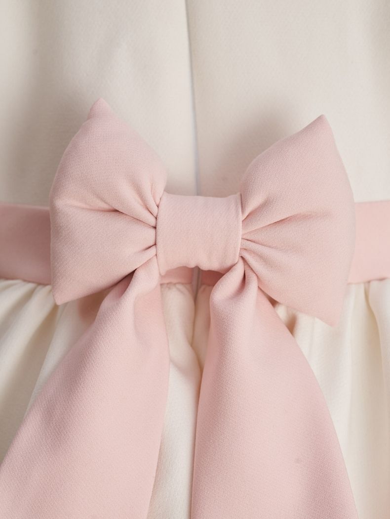 Powder Pink Detail Double Bow & Peter Pan Collar Embroidered Dress
