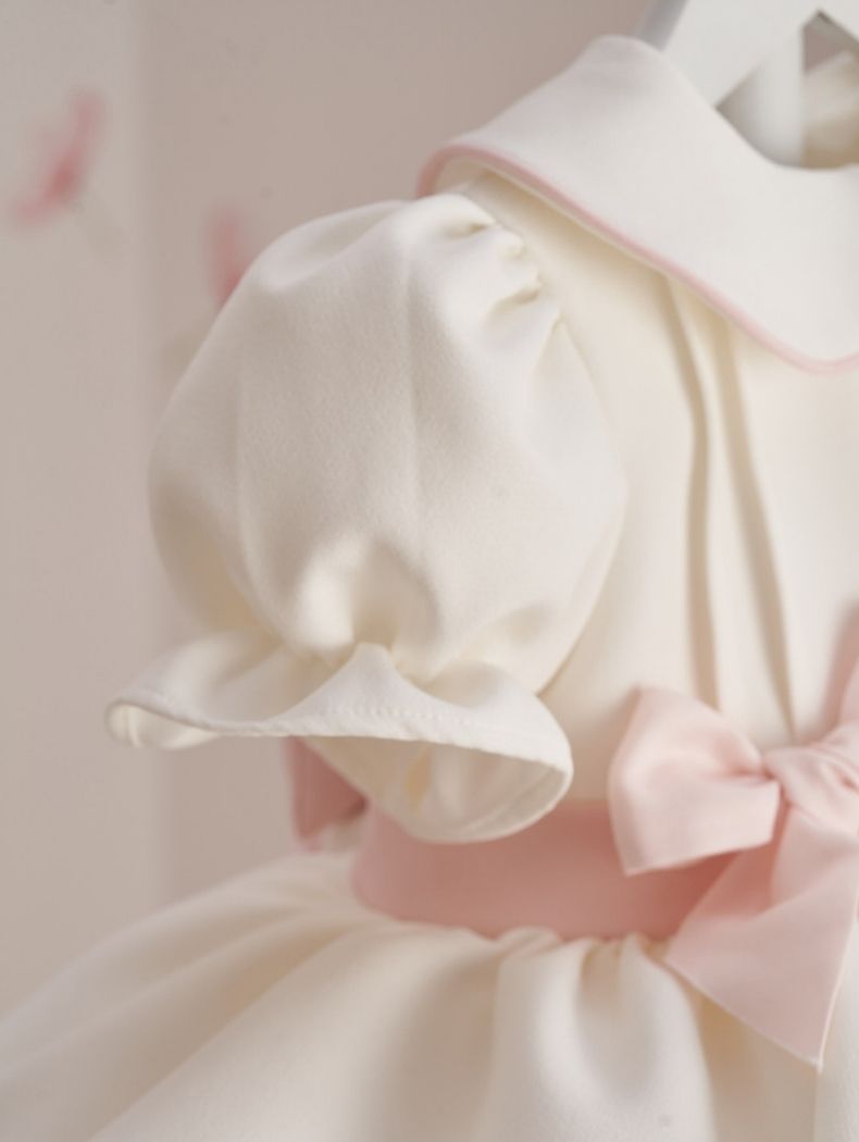 Powder Pink Detail Double Bow & Peter Pan Collar Embroidered Dress