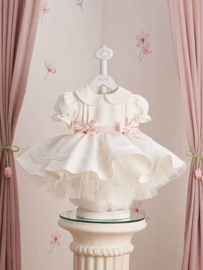 Powder Pink Detail Double Bow & Peter Pan Collar Embroidered Dress