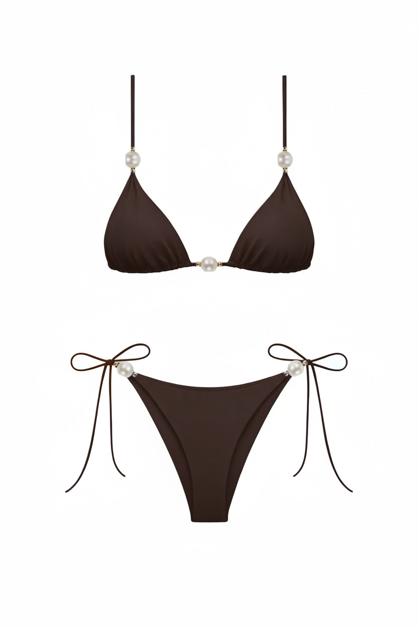 Faux-Pearl Embellished Triangle Bikini - Black Coffee
