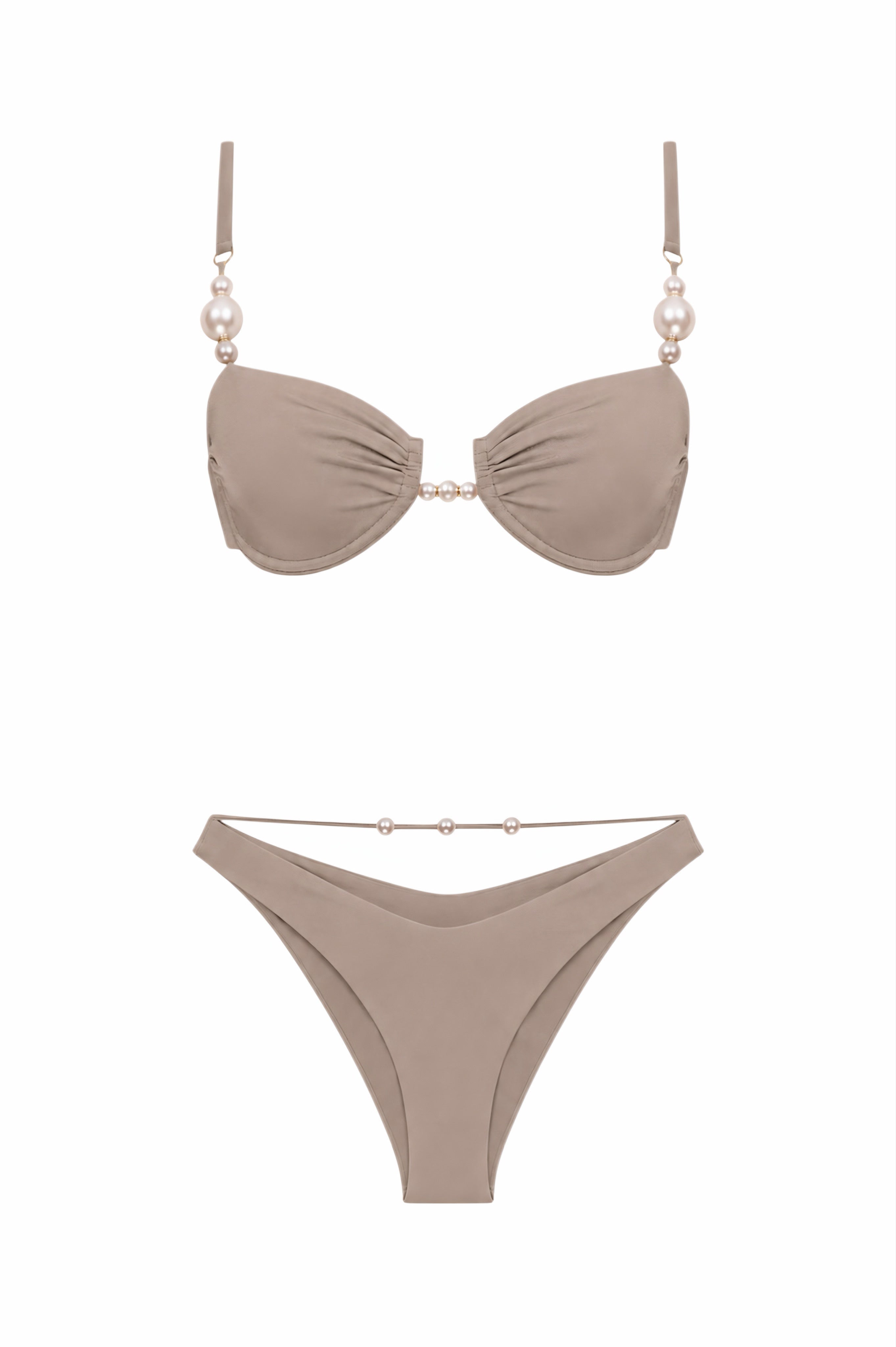 Faux-Pearl Embellished Underwired Bikini - Mink
