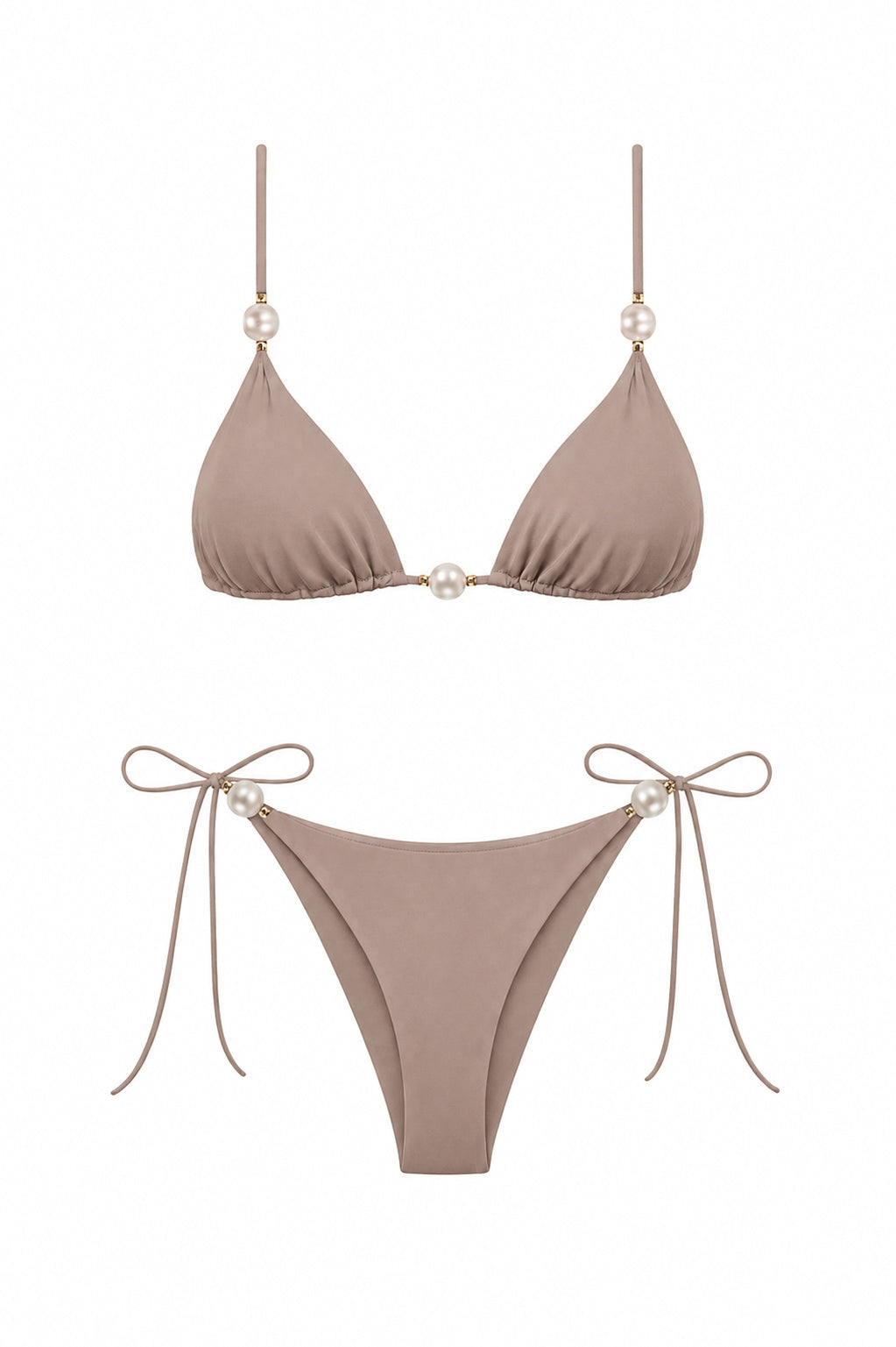 Faux-Pearl Embellished Triangle Bikini - Mink