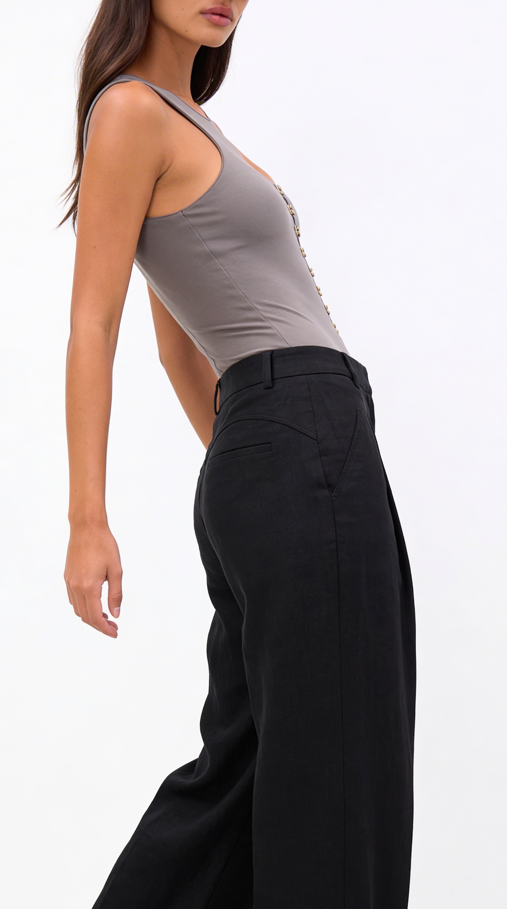 Diandra Stitch Detail Organic Linen Black Trousers