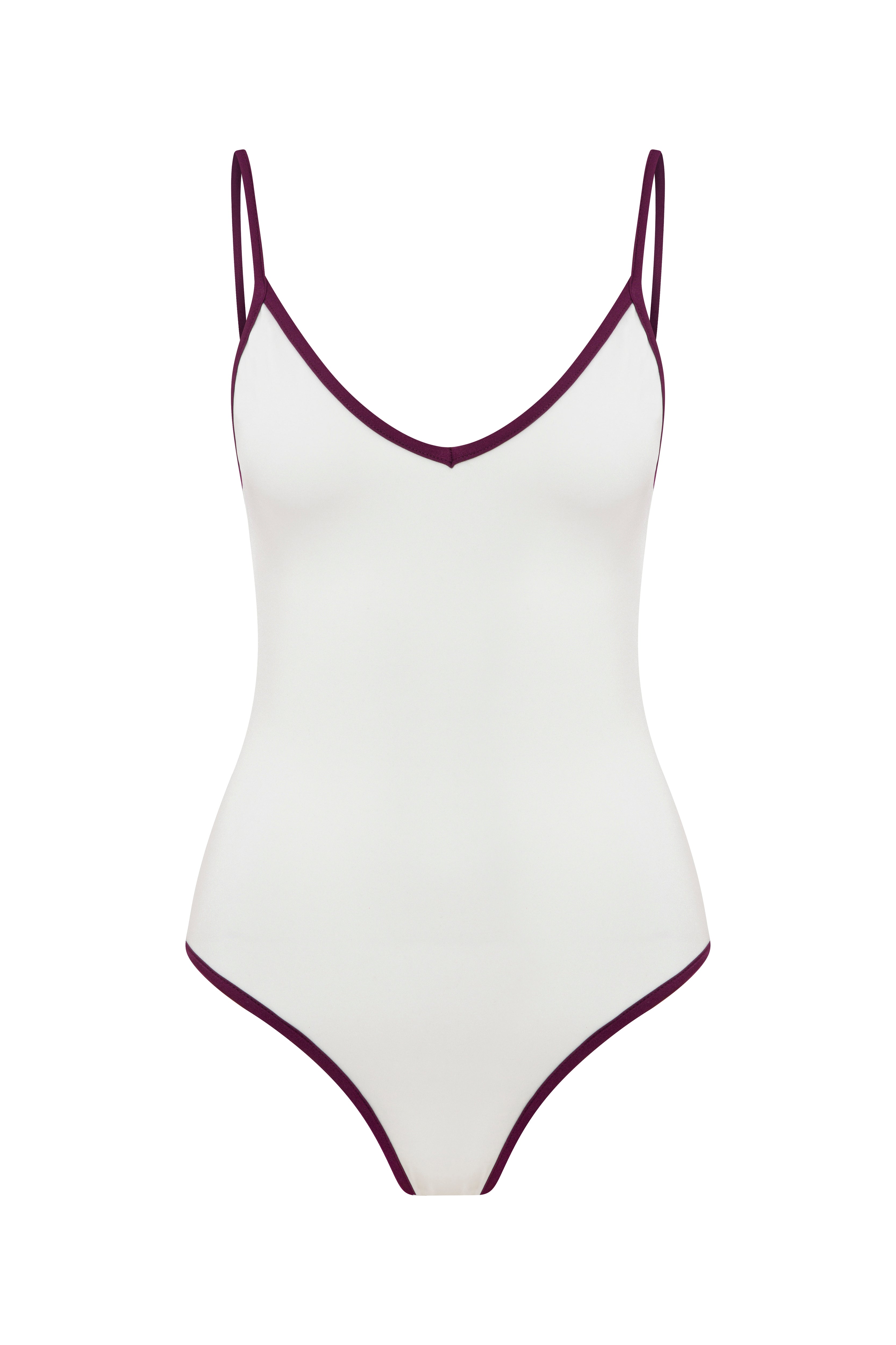 Contrast Trim V-Neck Swimsuit - White - Burgundy