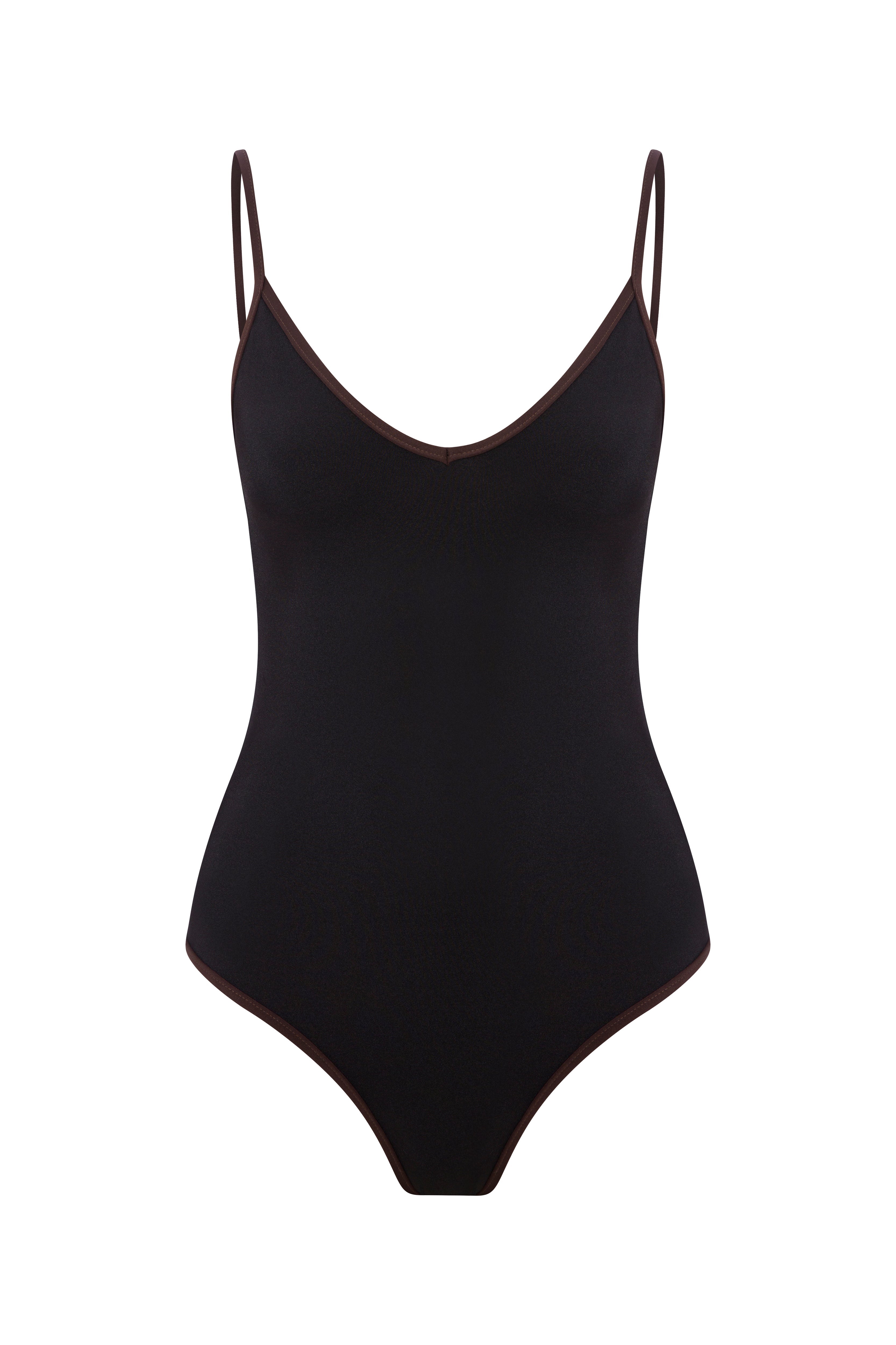 Contrast Trim V-Neck Swimsuit - Brown