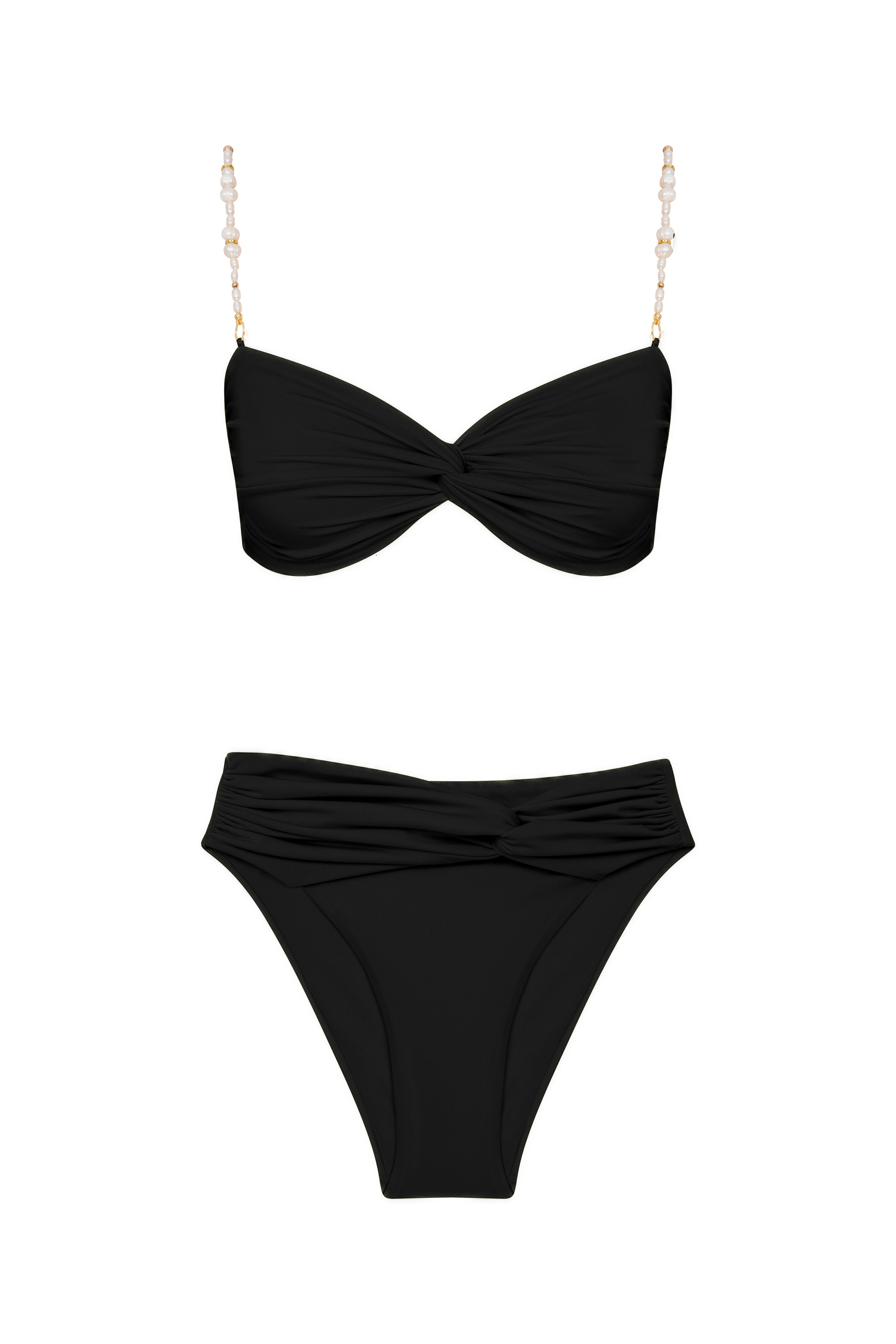 Pearl Strap Twist-Front Bikini - Black