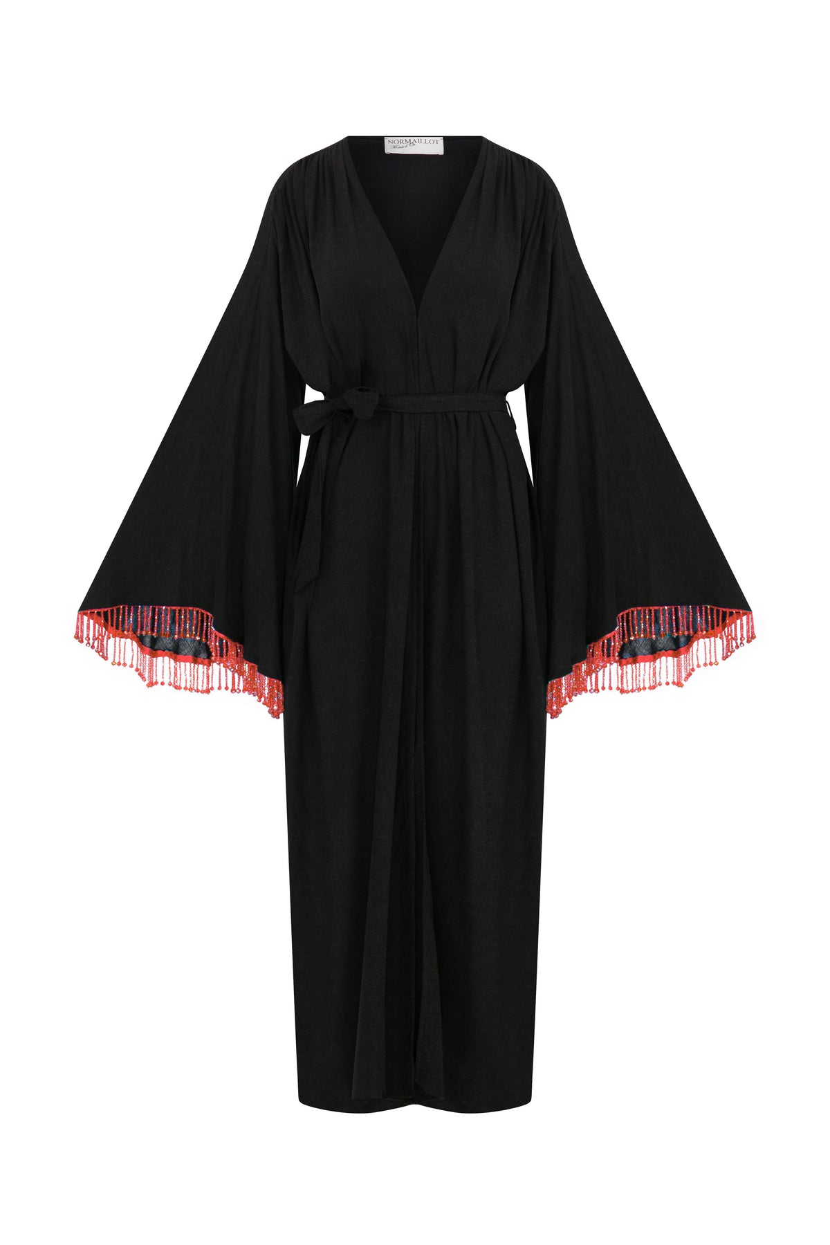 Beaded Belted Cotton Kaftan - Red