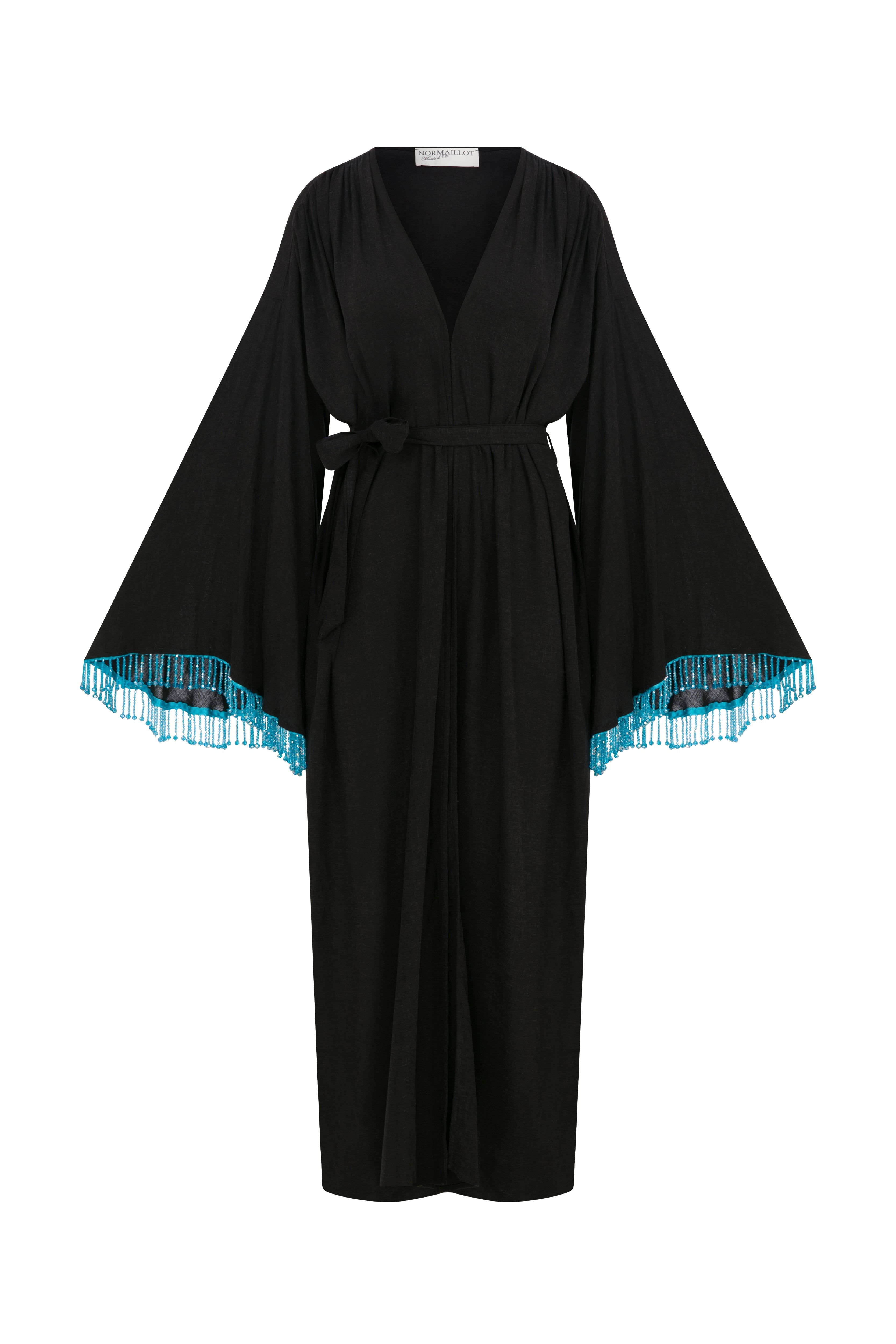 Beaded Belted Cotton Kaftan - Blue