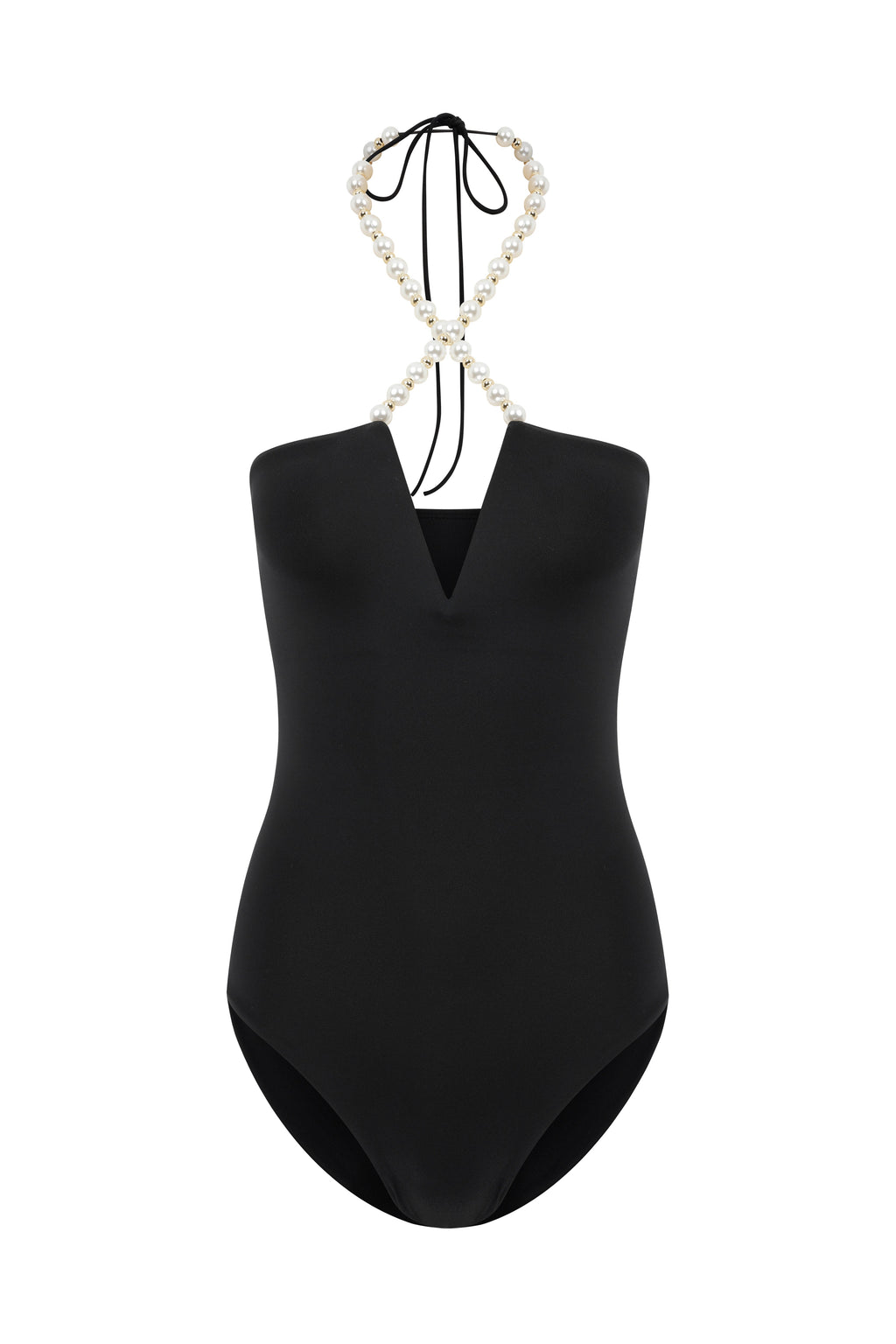 Faux-Pearl Embellished Halterneck One-Piece - Black