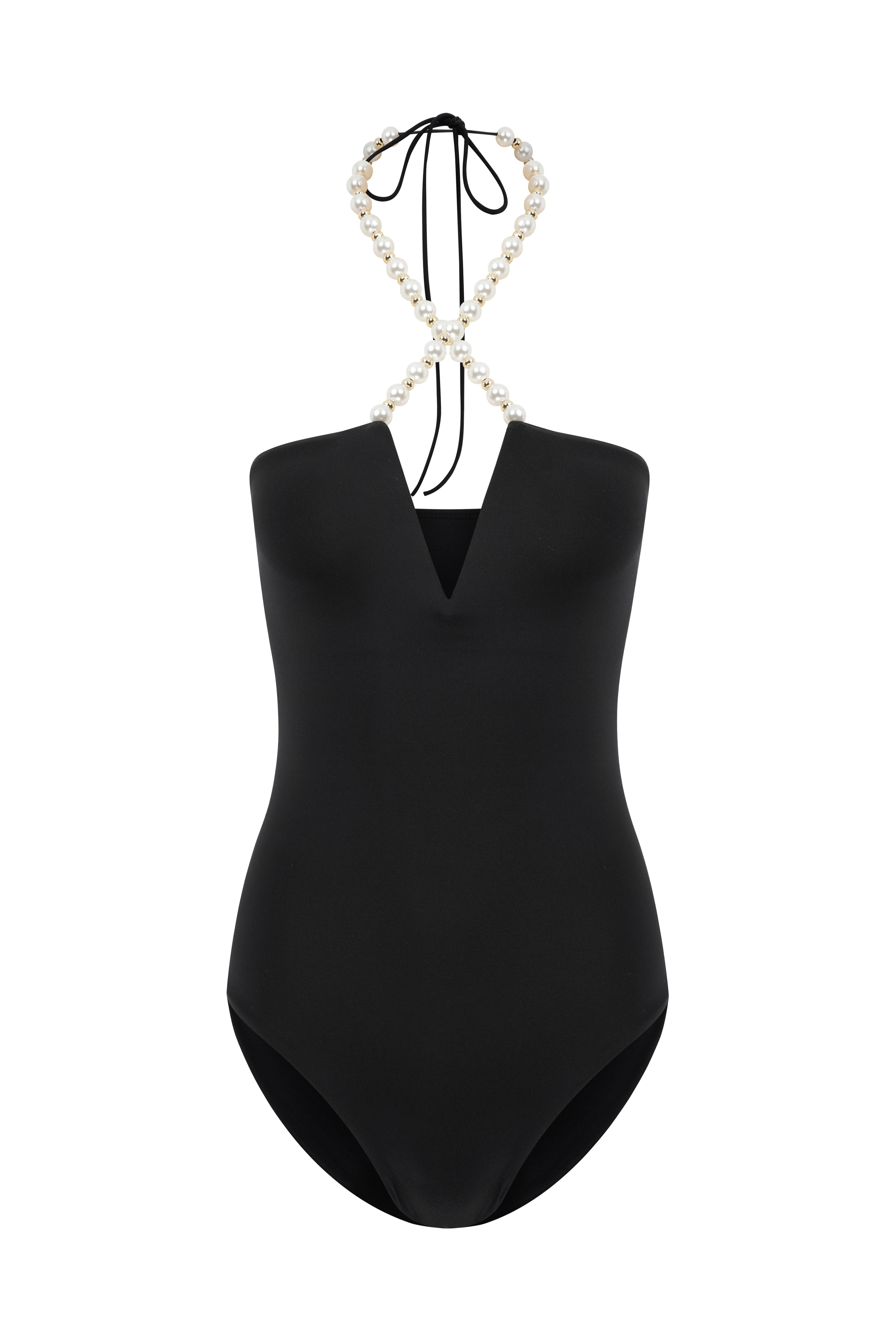 Faux-Pearl Embellished Halterneck One-Piece - Black