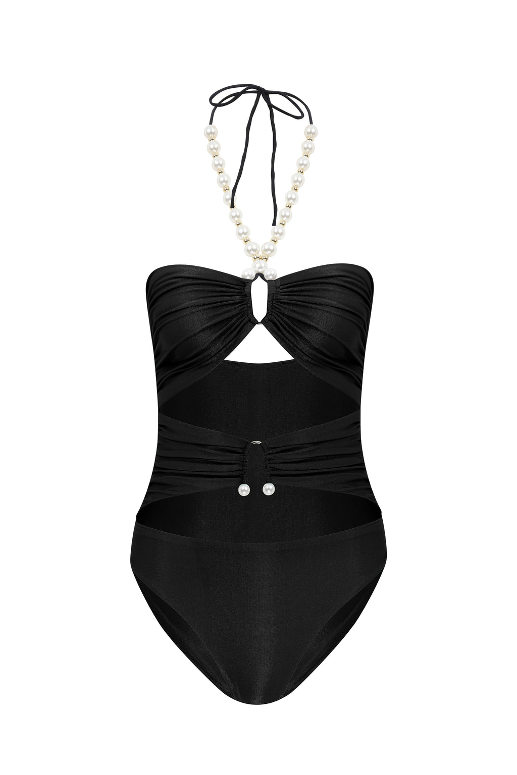 Faux-Pearl Embellished Draped One-Piece - Black