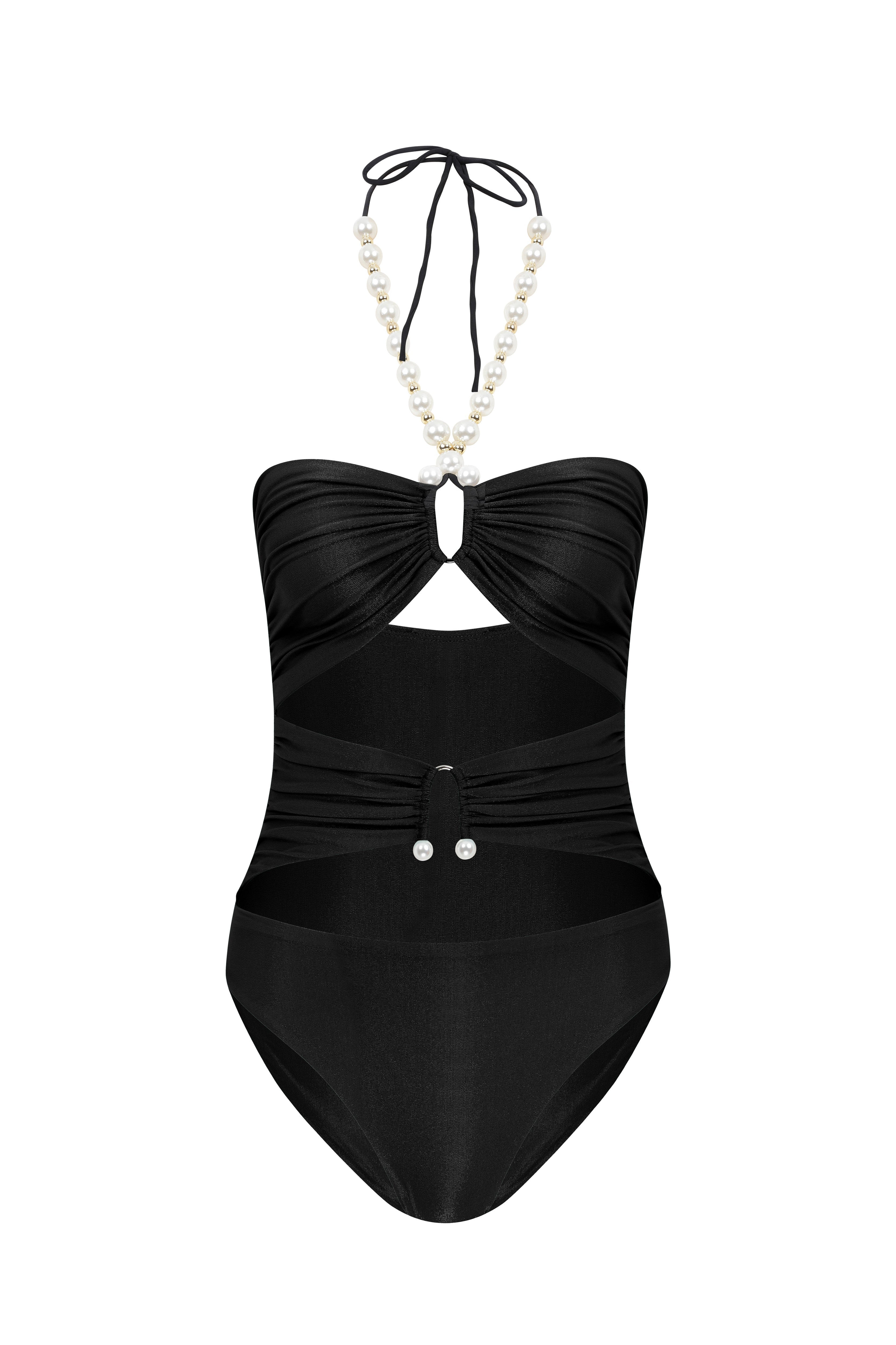 Faux-Pearl Embellished Draped One-Piece - Black