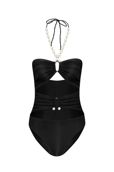 Faux-Pearl Embellished Draped One-Piece - Black