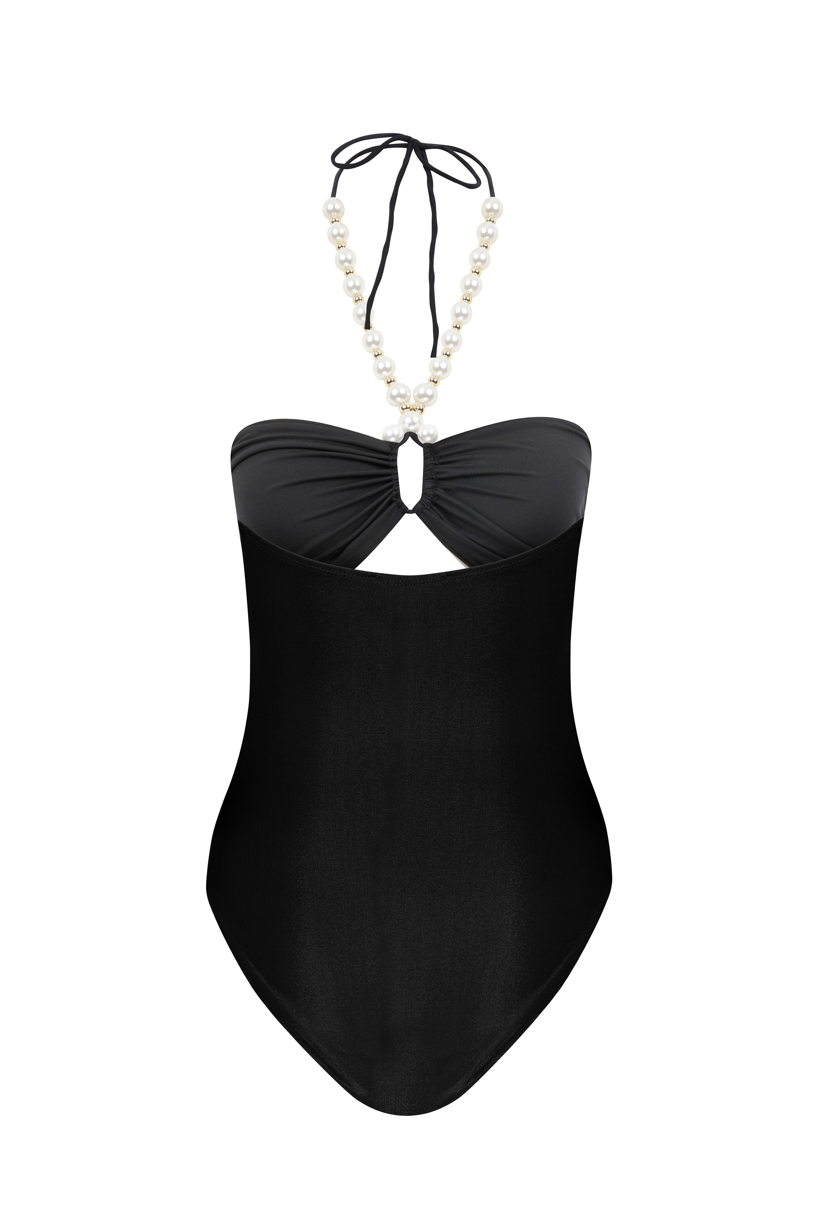 Faux-Pearl Embellished Draped One-Piece - Black
