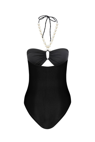 Faux-Pearl Embellished Draped One-Piece - Black