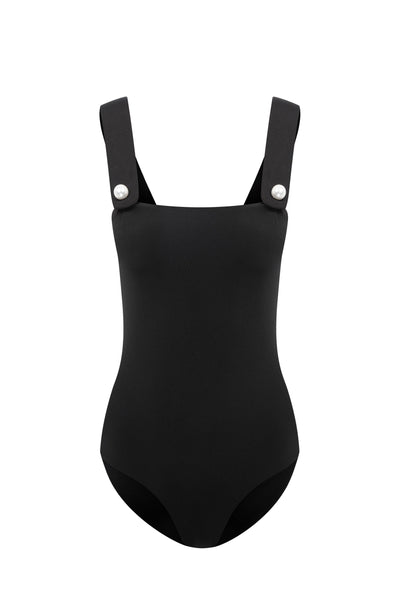 Faux-Pearl Button Embellished One-Piece - Black