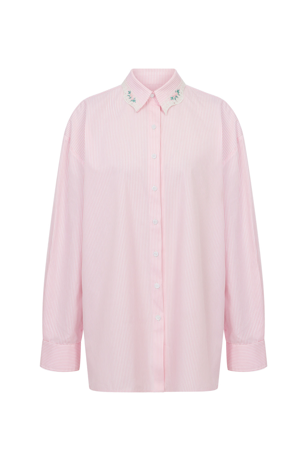 Peony Embroidered Collar Pink Striped Pajama Set - Pink