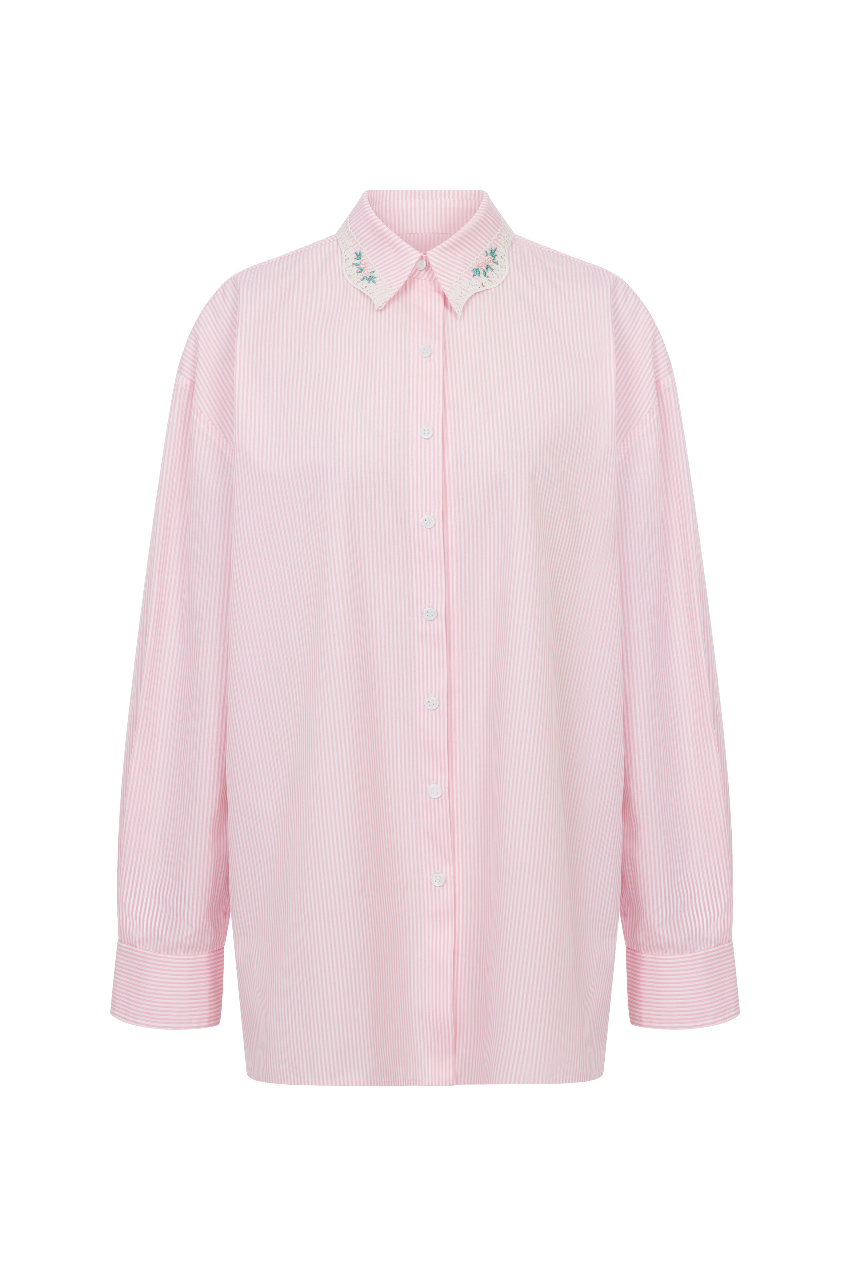 Peony Embroidered Collar Pink Striped Pajama Set - Pink