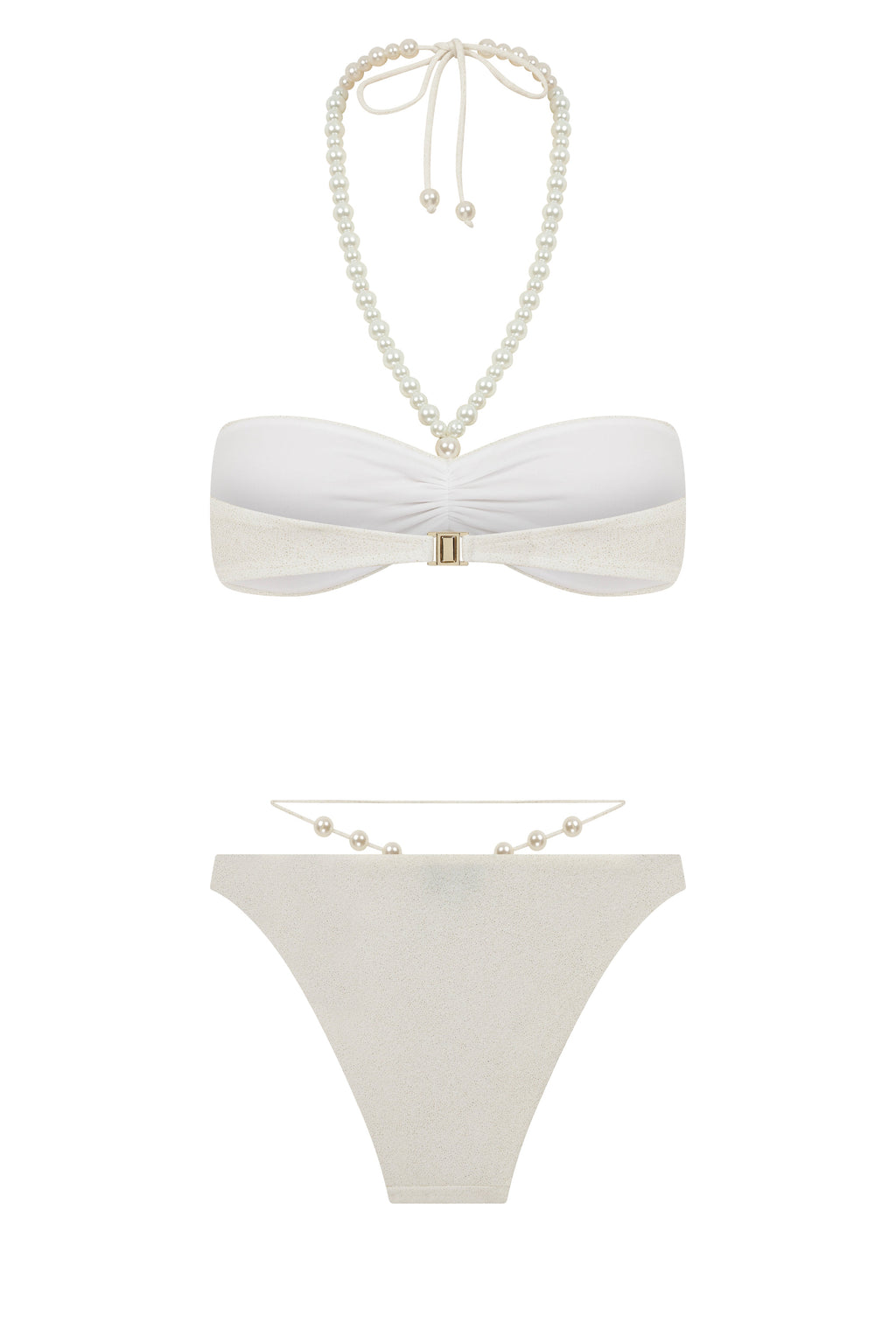 Faux-Pearl Embellished Ribbed Halterneck Bikini - White