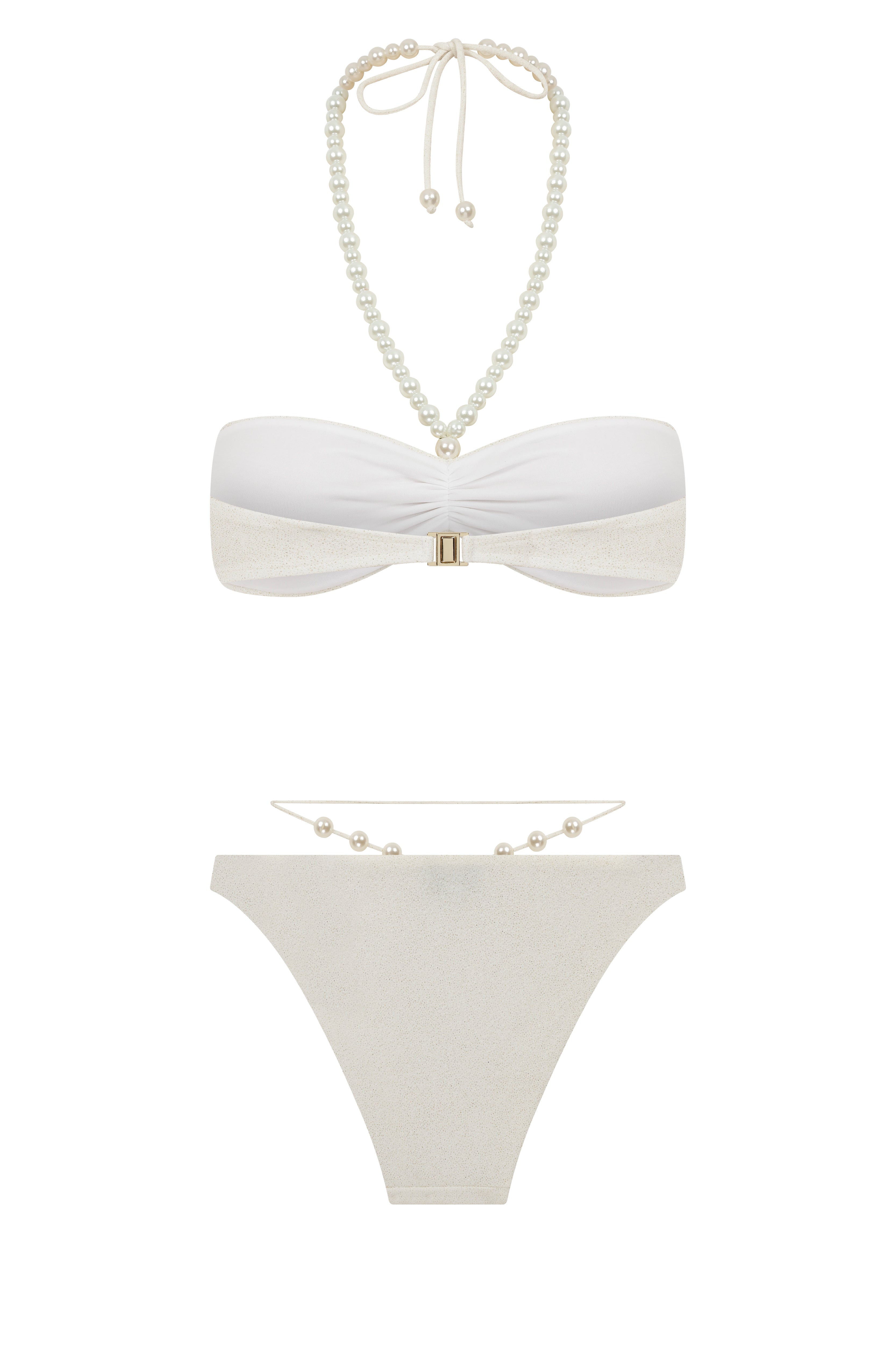 Faux-Pearl Embellished Ribbed Halterneck Bikini - White