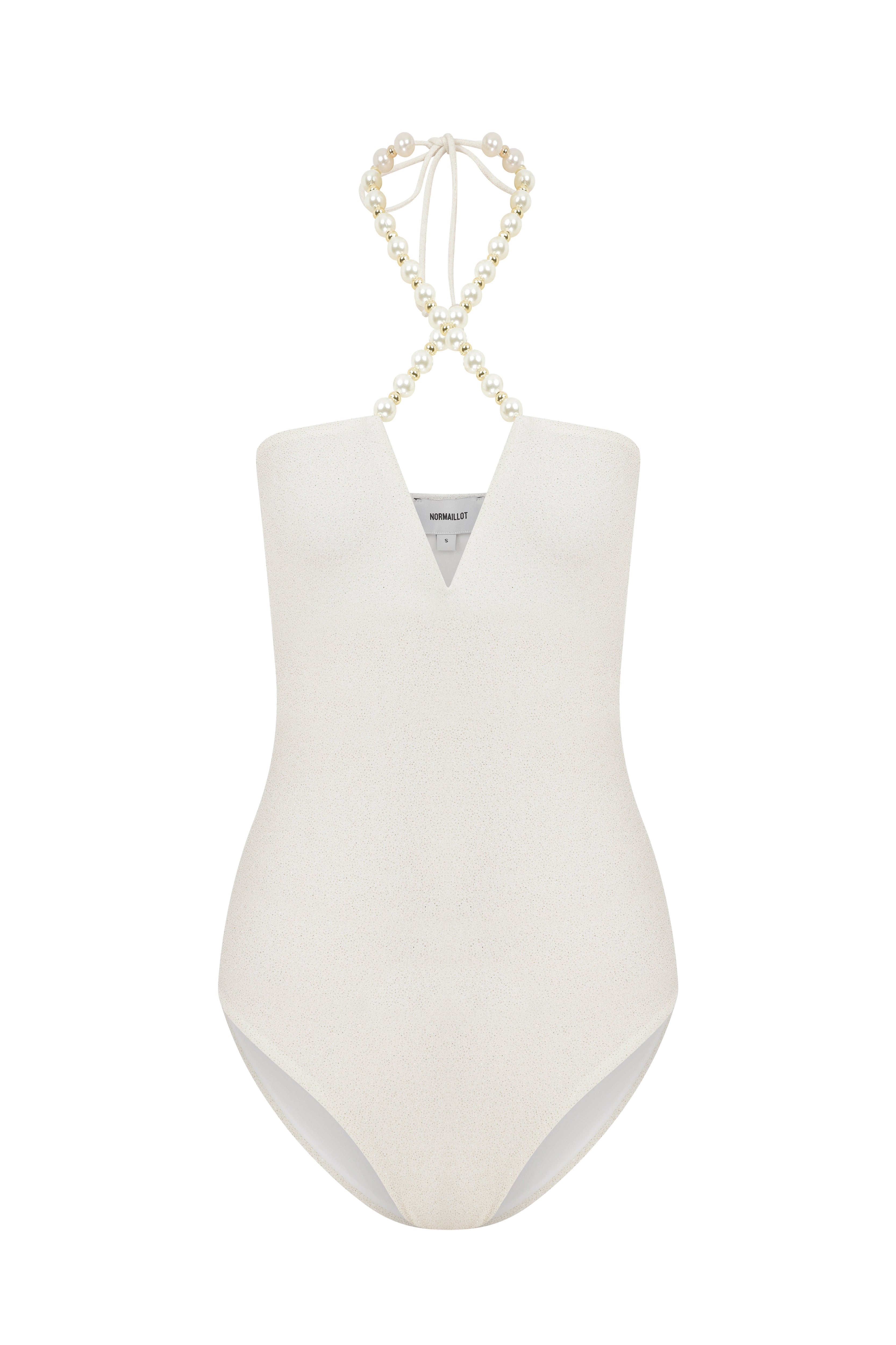 Faux-Pearl Embellished Halterneck One-Piece - White