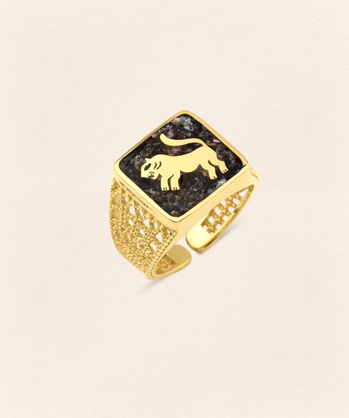 Black Pearl Lion  Filigree Unisex Ring - 5