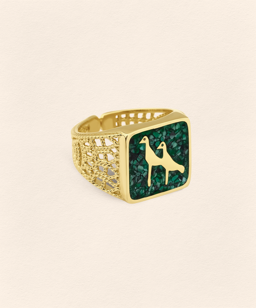Malachite Crane Filigree Ring Couple Set - 7