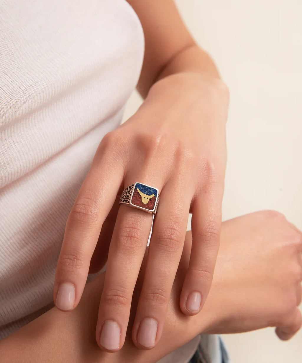 Lapis&Coral Bull Filigree Ring Couple Set - 4