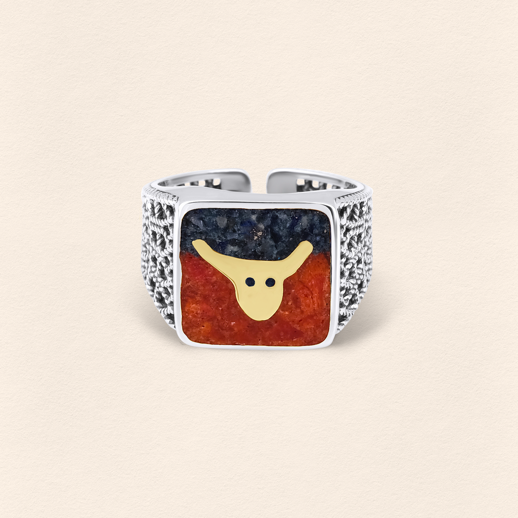 Lapis&Coral Bull Filigree Ring - Men