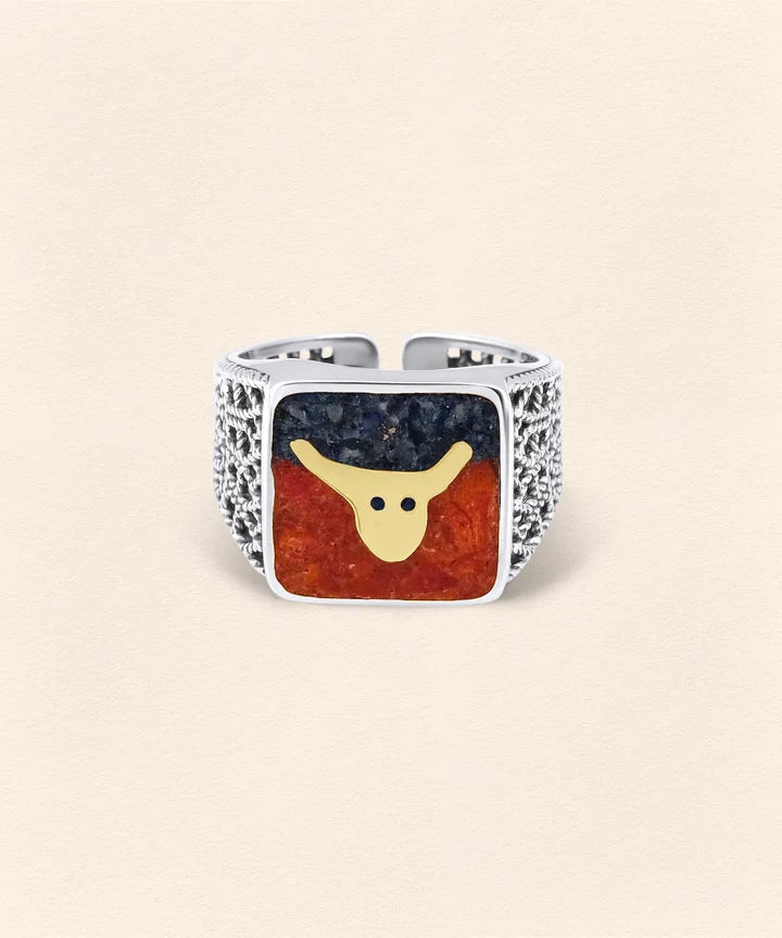 Lapis&Coral Bull Filigree Ring Couple Set - 6