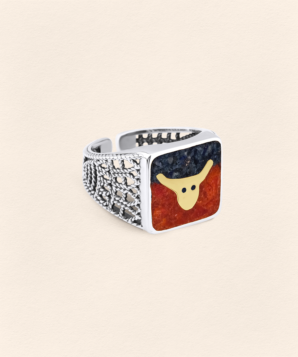 Lapis&Coral Bull Filigree Ring Couple Set - 7