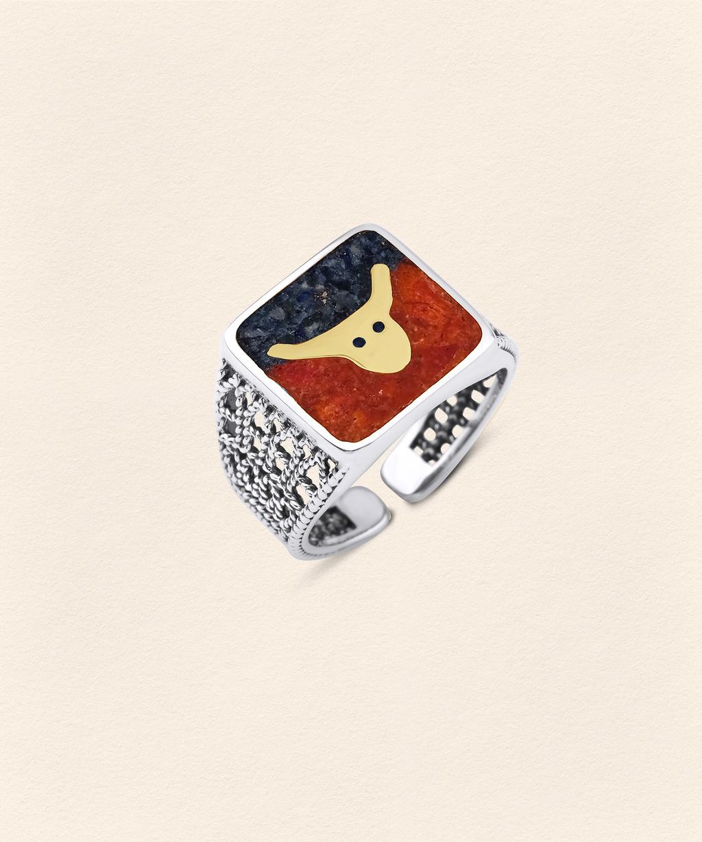 Lapis&Coral Bull Filigree Ring - Men - 4