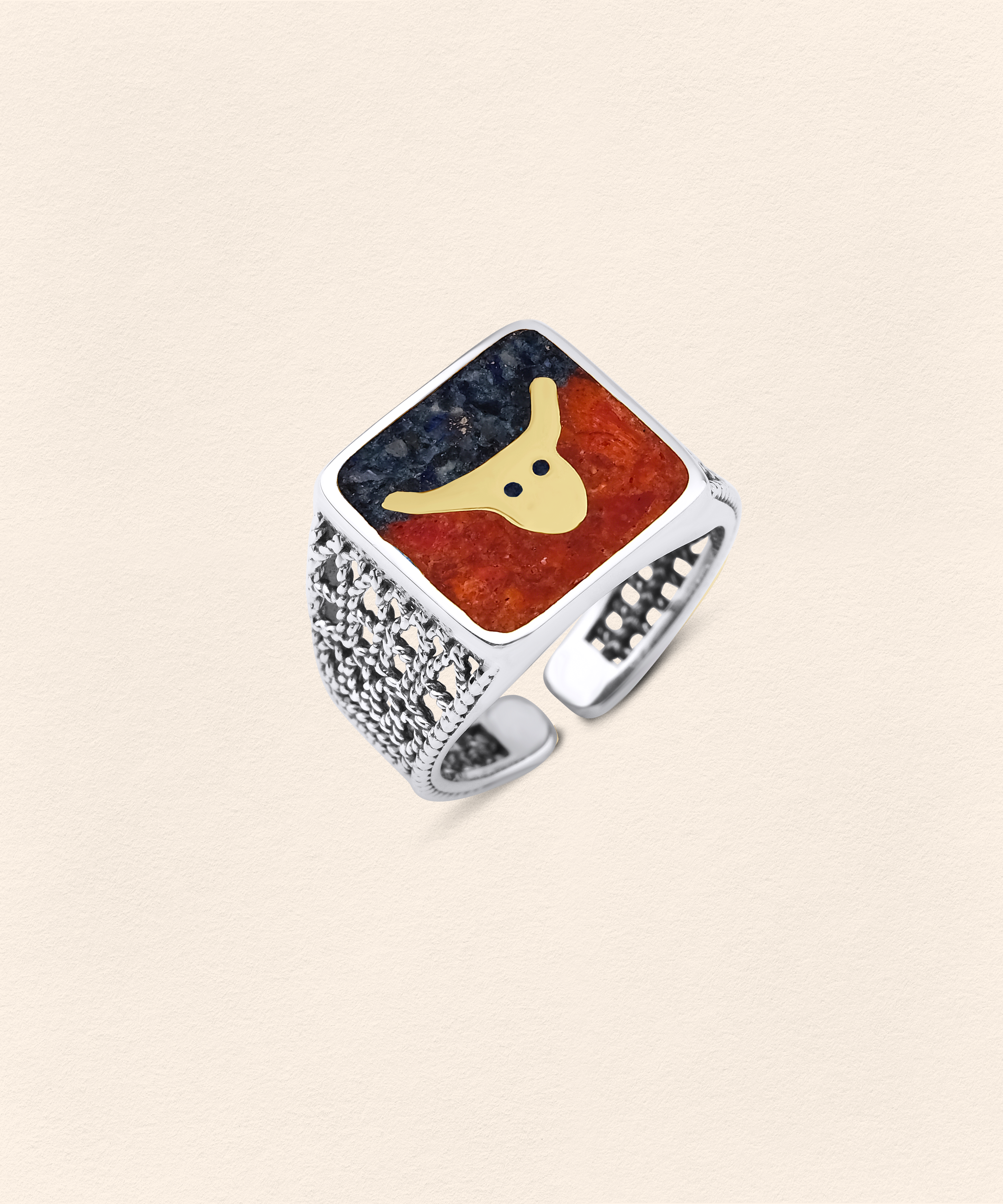 Lapis&Coral Bull Filigree Ring - Men - 4