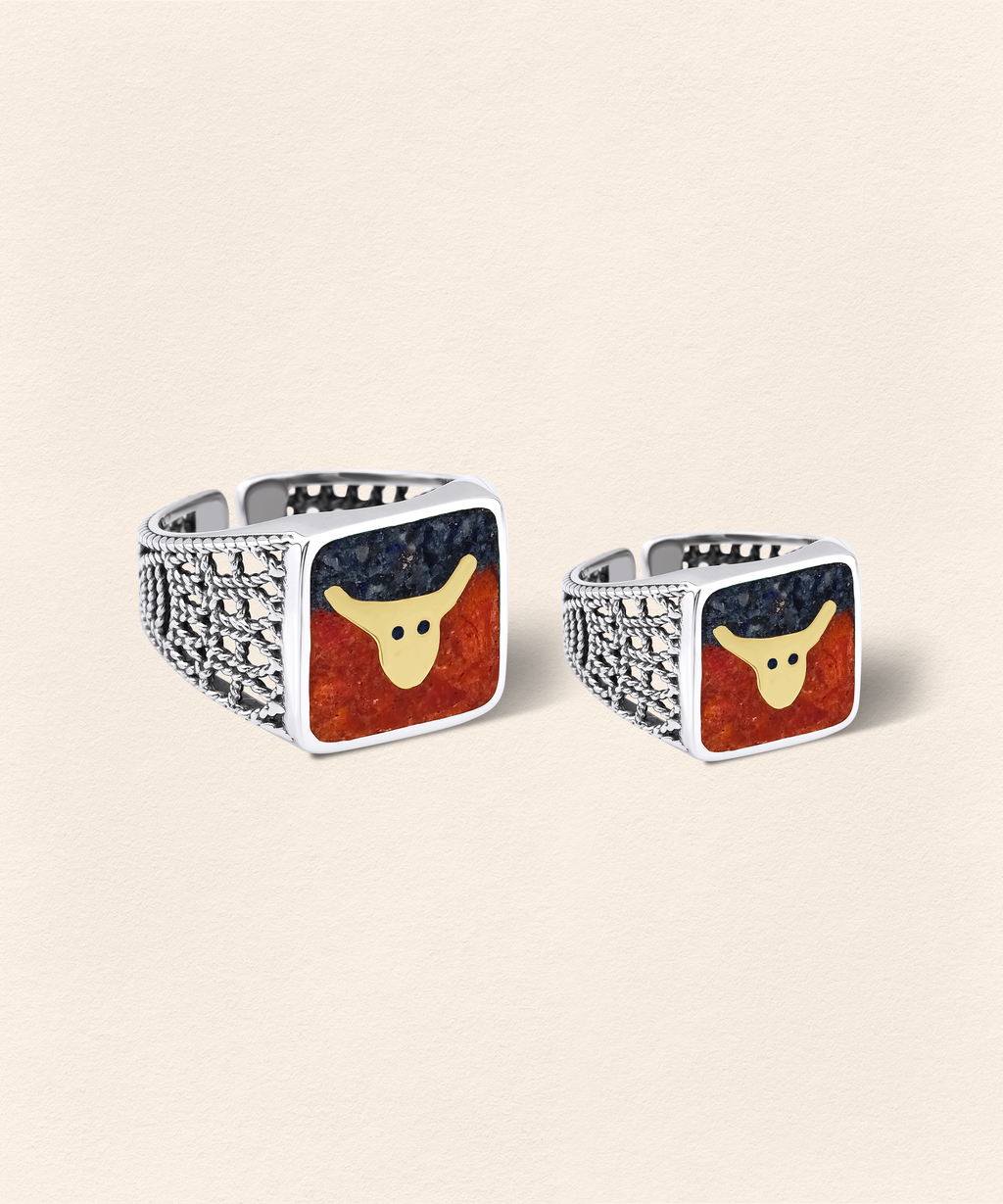 Lapis&Coral Bull Filigree Ring Couple Set - 2