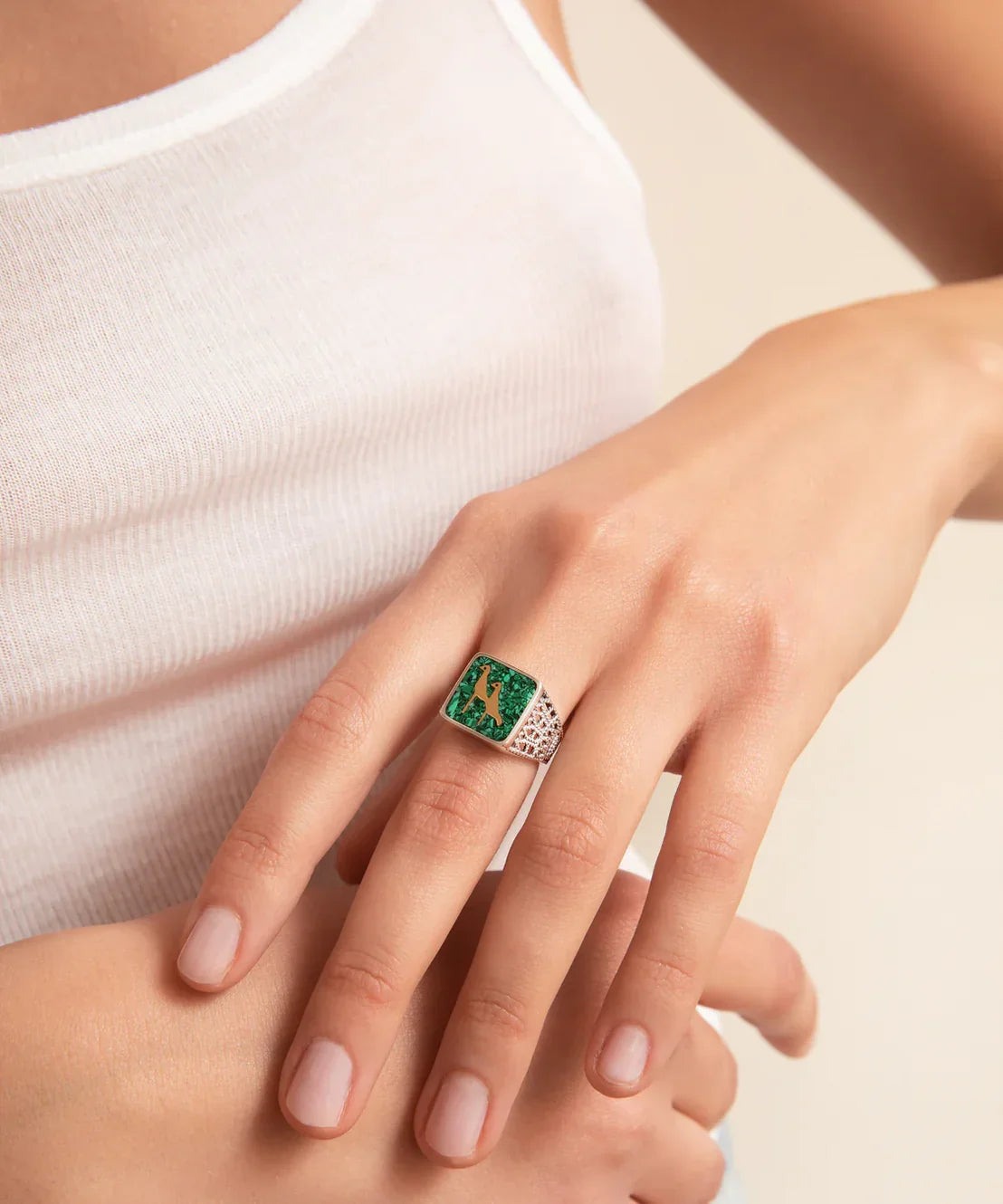 Malachite Crane Filigree Ring Silver Couple Set - 3