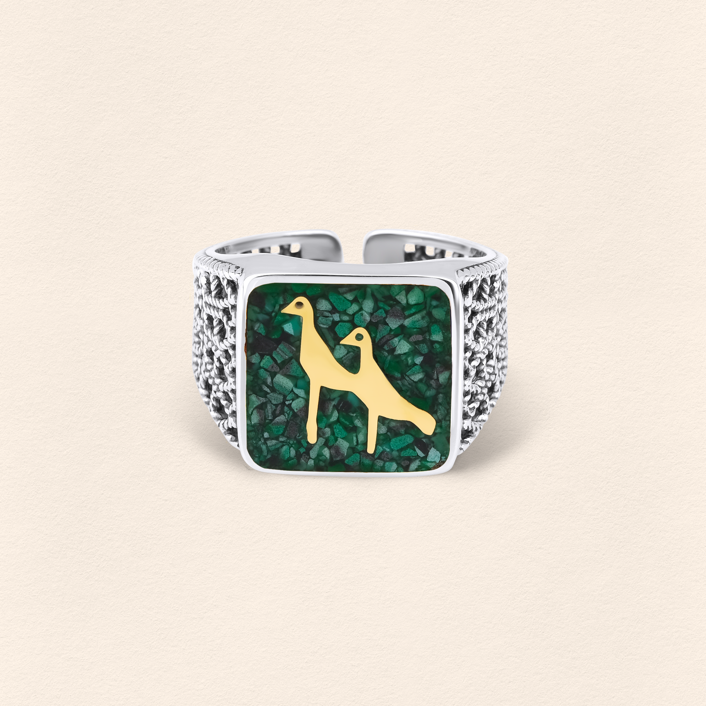 Malachite Crane Filigree Ring Silver - Men