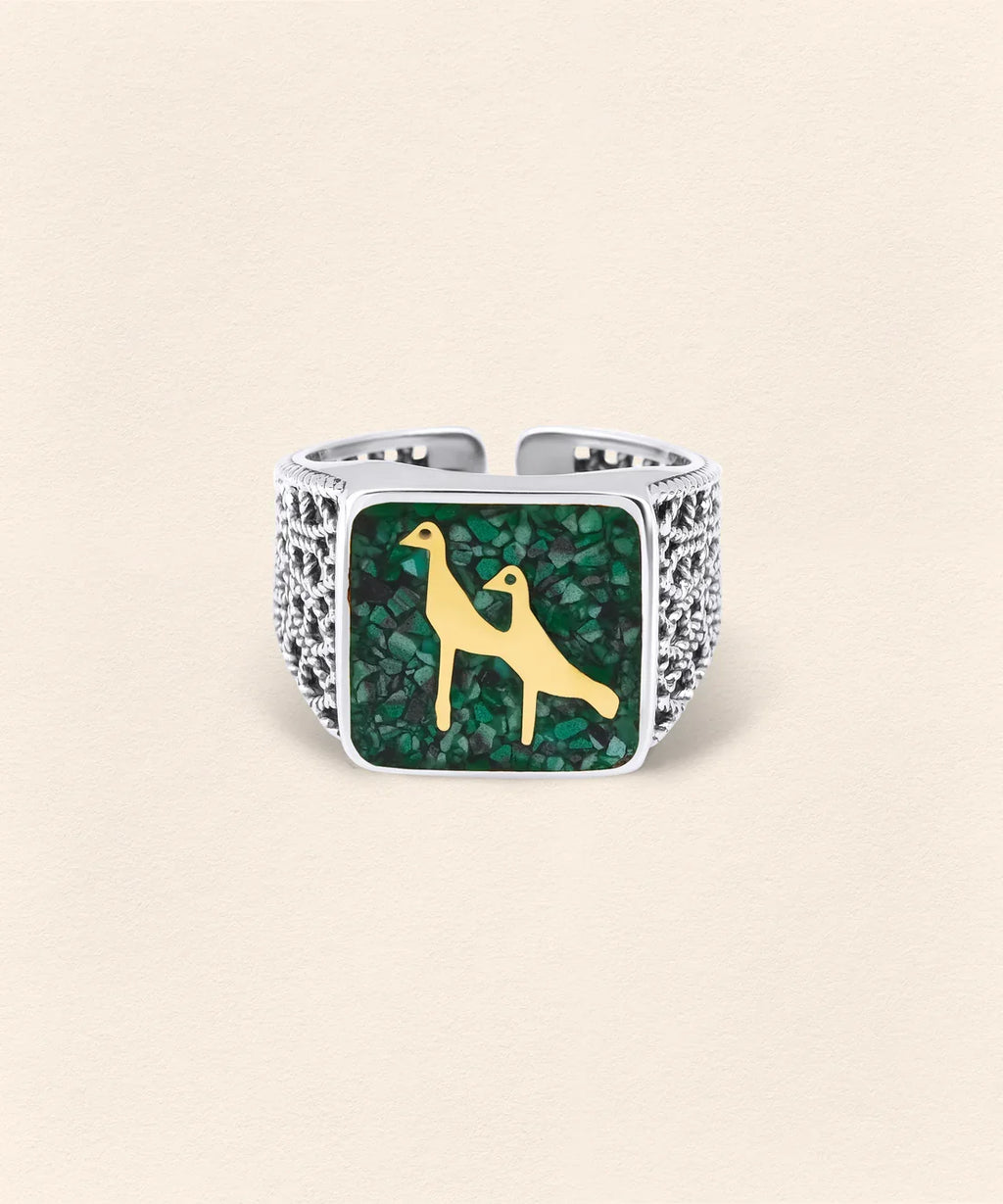 Malachite Crane Filigree Ring Silver Couple Set - 5