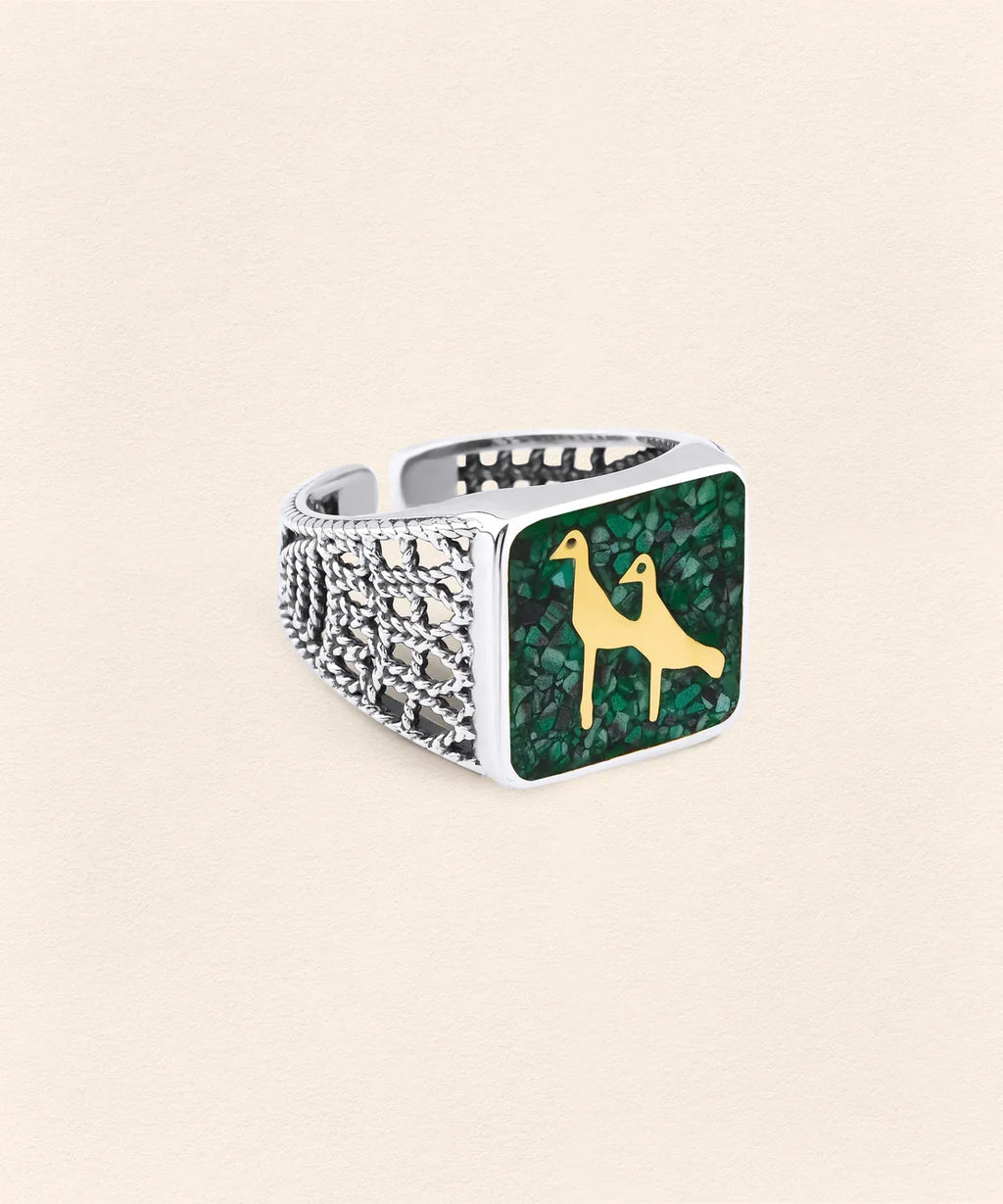 Malachite Crane Filigree Ring Silver Couple Set - 6