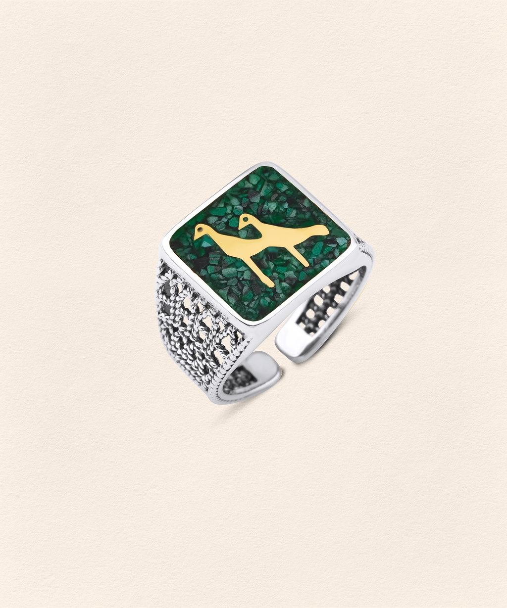 Malachite Crane Filigree Ring Silver - Men - 4