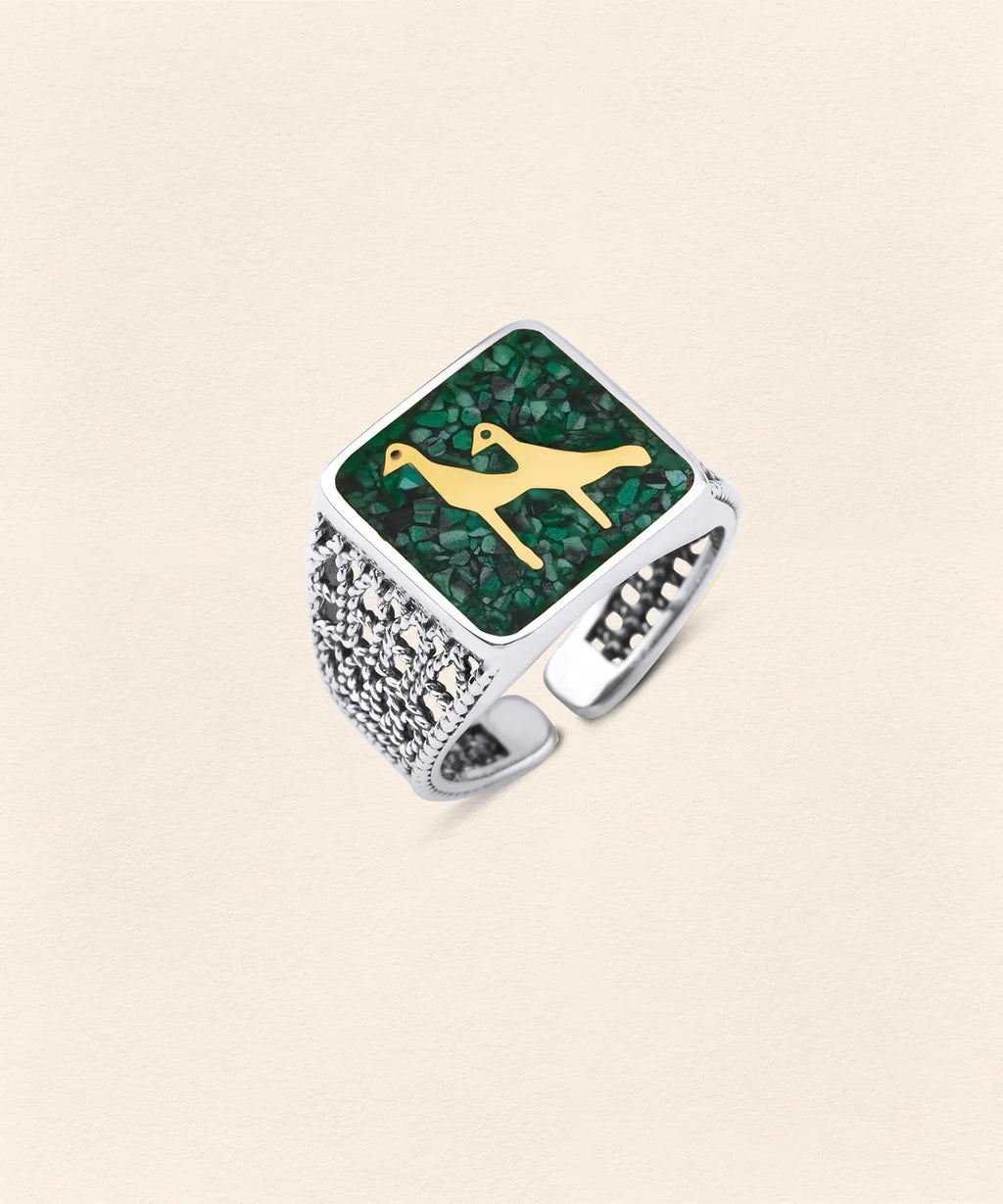 Malachite Crane Filigree Ring Silver Couple Set - 7