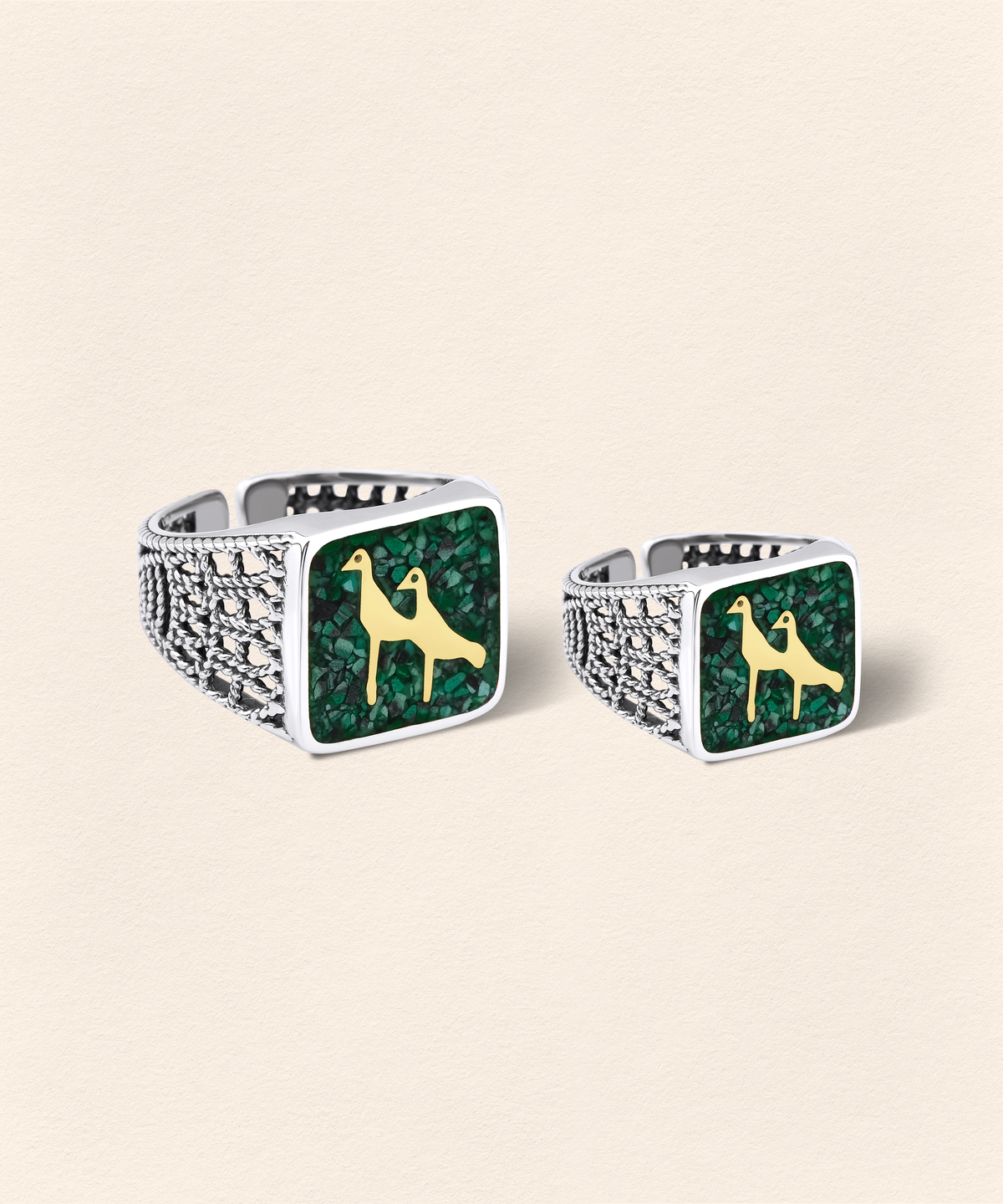 Malachite Crane Filigree Ring Silver - Men - 5