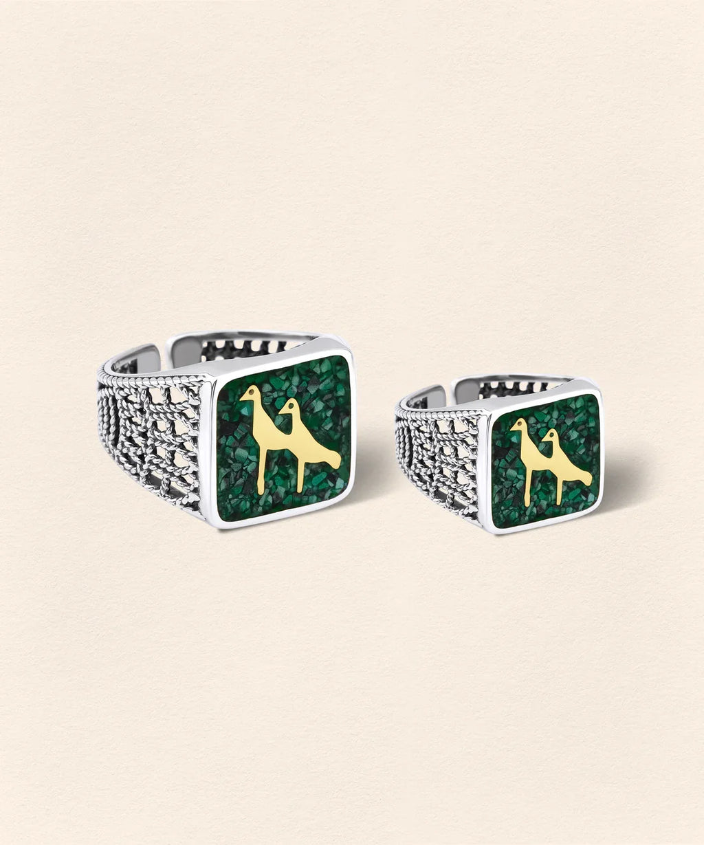 Malachite Crane Filigree Ring Silver Couple Set - 2