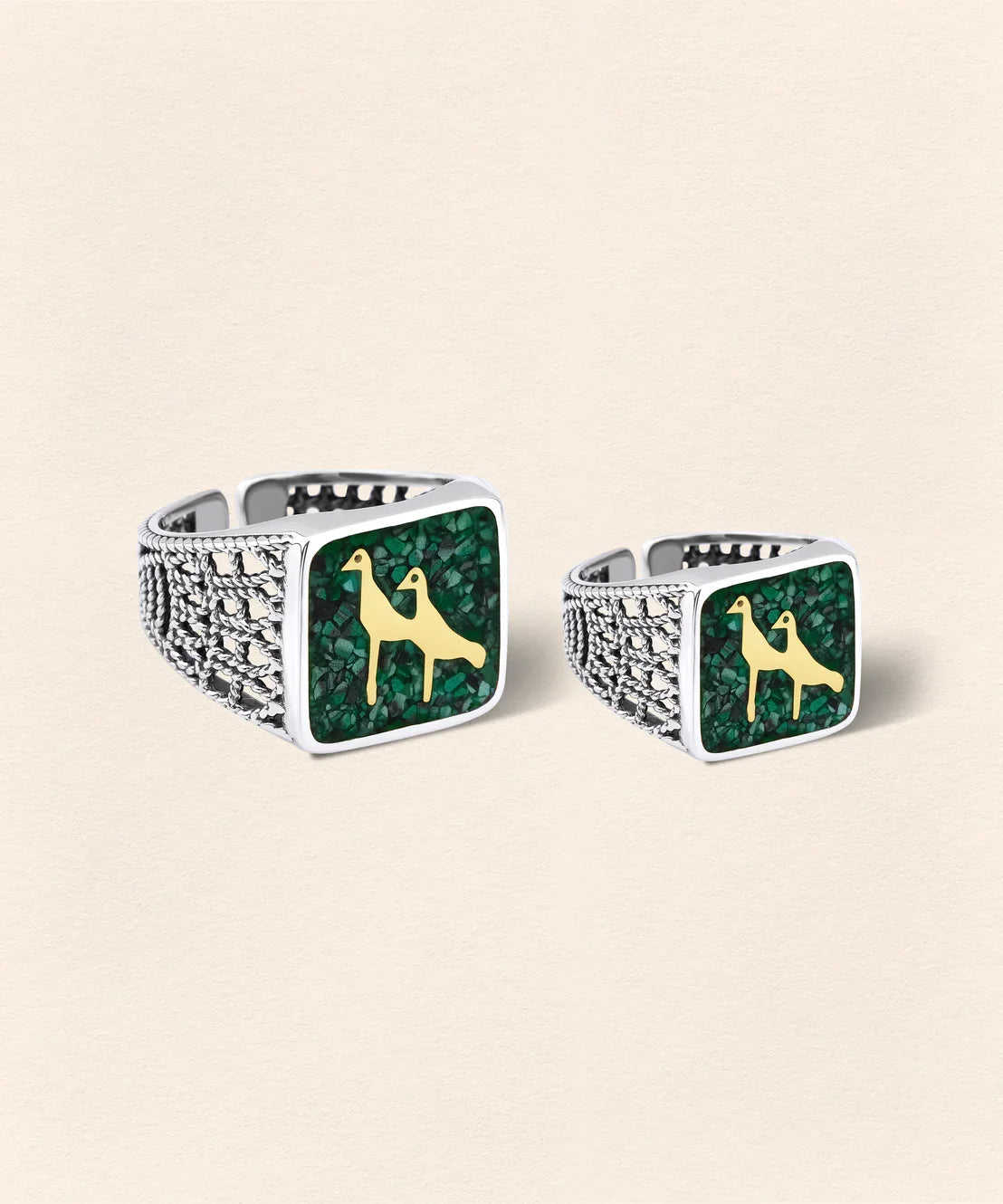 Malachite Crane Filigree Ring Silver Couple Set - 2