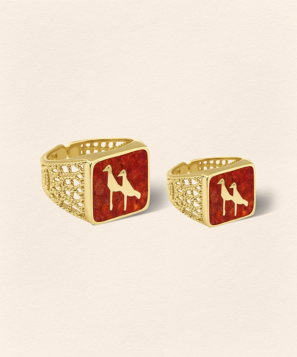 Coral Crane Filigree Ring Couple Set - 2