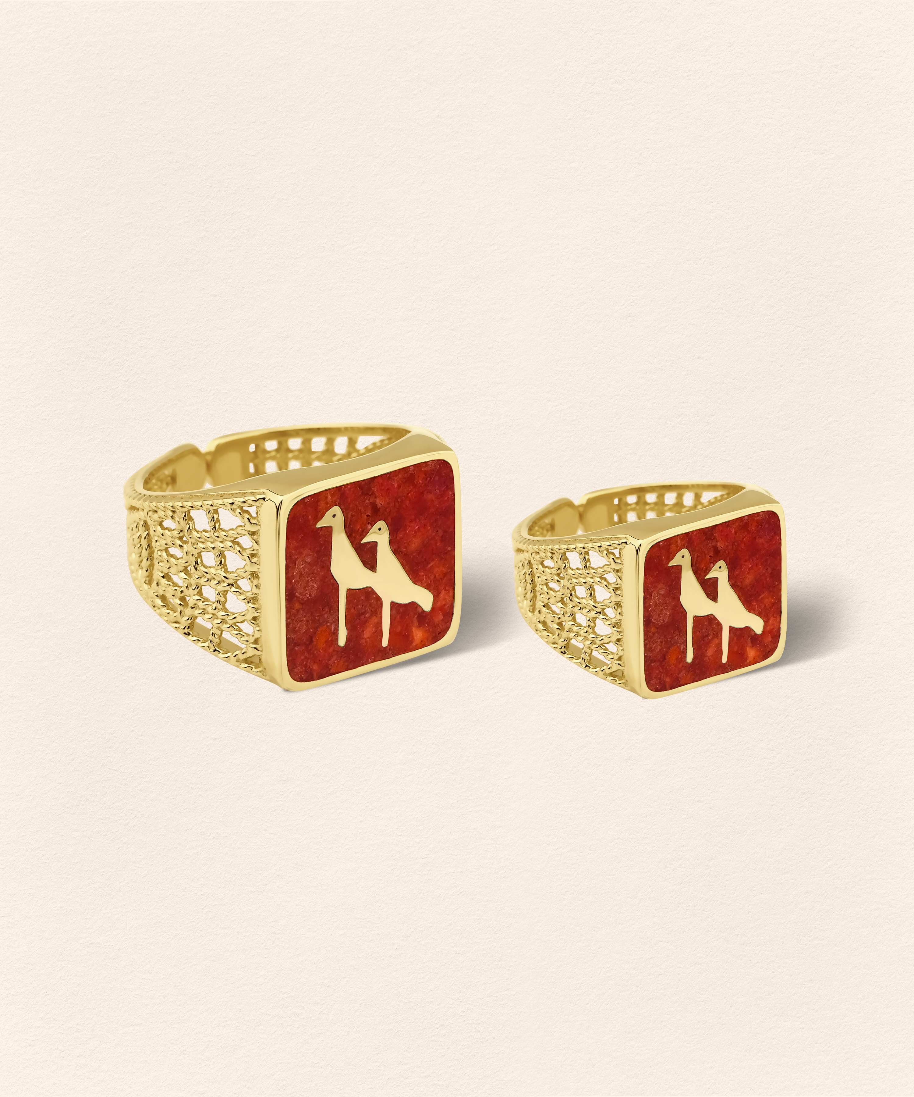 Coral Crane Filigree Ring Couple Set - 2